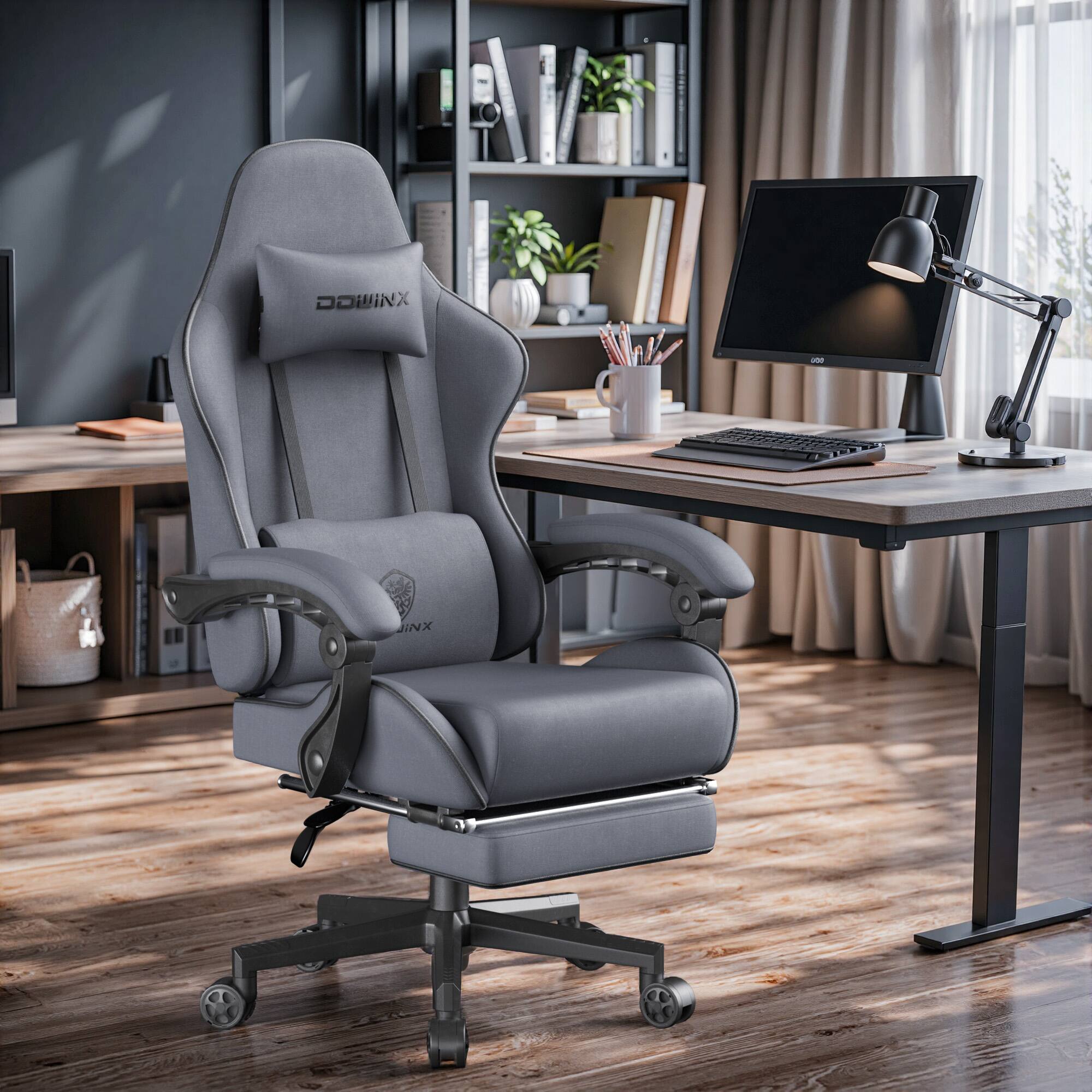 Alt View 3. Dowinx - Gaming Chair Fabric Big and Tall with Pocket Spring Cushion, Massage Game Chair Cloth with Headrest - Grey.