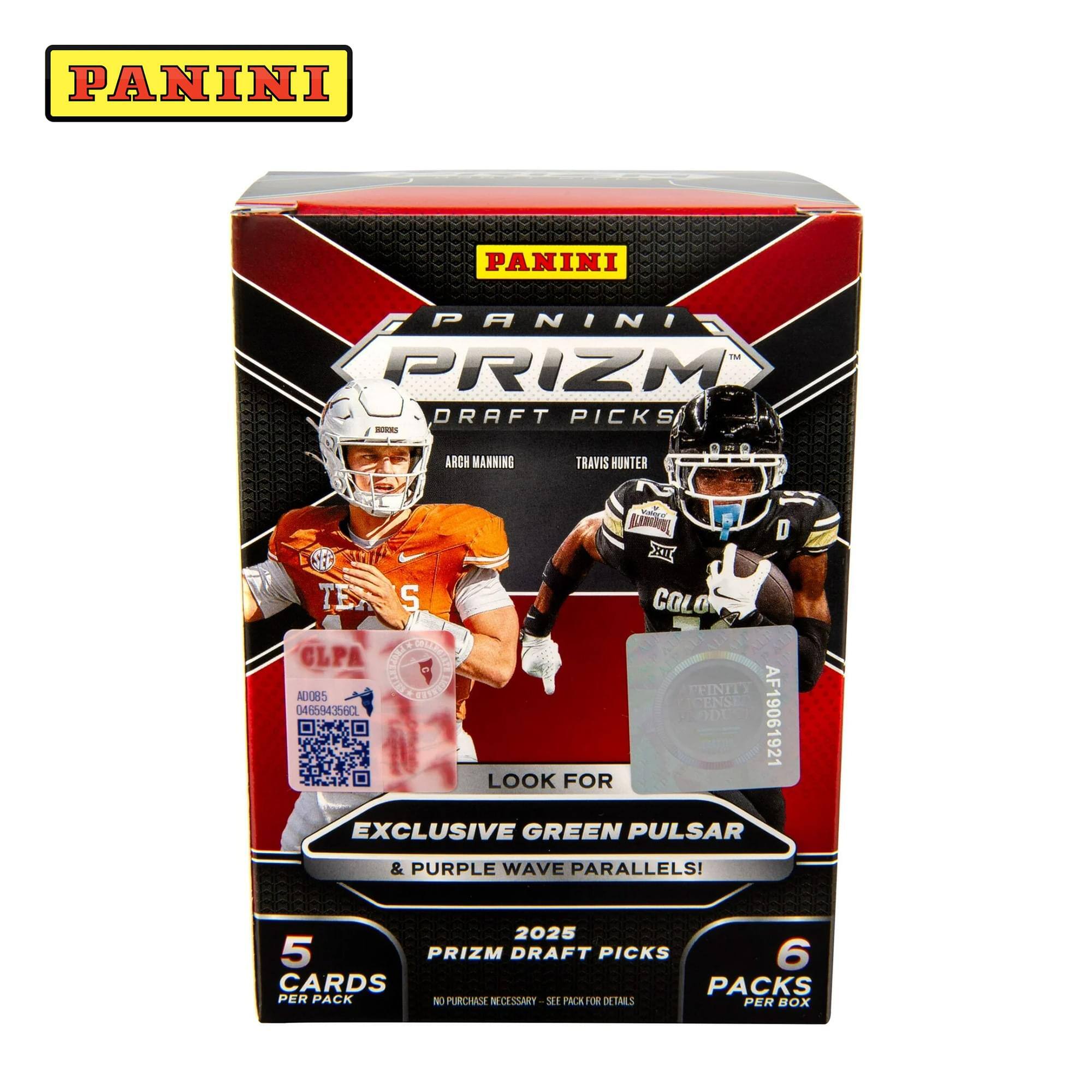 PANINI PANINI PANINI  
PRIZM DRAFT PICKS  
- ARGH MANNING TRAVIS HUNTER D  
- 2XIZ TEX S COLO CLPA  
- FFINITY ADOBS ENSE  
0465943560 D AF19061921  
LOOK FOR EXCLUSIVE GREEN PULSAR & PURPLE WAVE PARALLELS!  
2025 5 PRIZM DRAFT PICKS  
6 CARDS PACKS PER PACK  
NO PURCHASE NECESSARY SEE PACK FOR DETAILS PER BOX