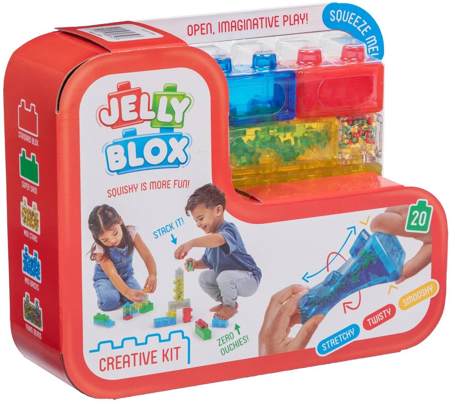 IMAGINATIVE PLAY! SQUEEZE OPEN.  
STANDARD BLOX SUPER SAND MINI STARS  
JELLY BLOX IS MORE FUN! SQUISHY IT! STACK  
FUN TOOL  
20  
MINI BRICKS FORM BEADS  
CREATIVE KIT  
ZERO OUCHIES!  
SMOOSHY TWISTY STRETCHY
