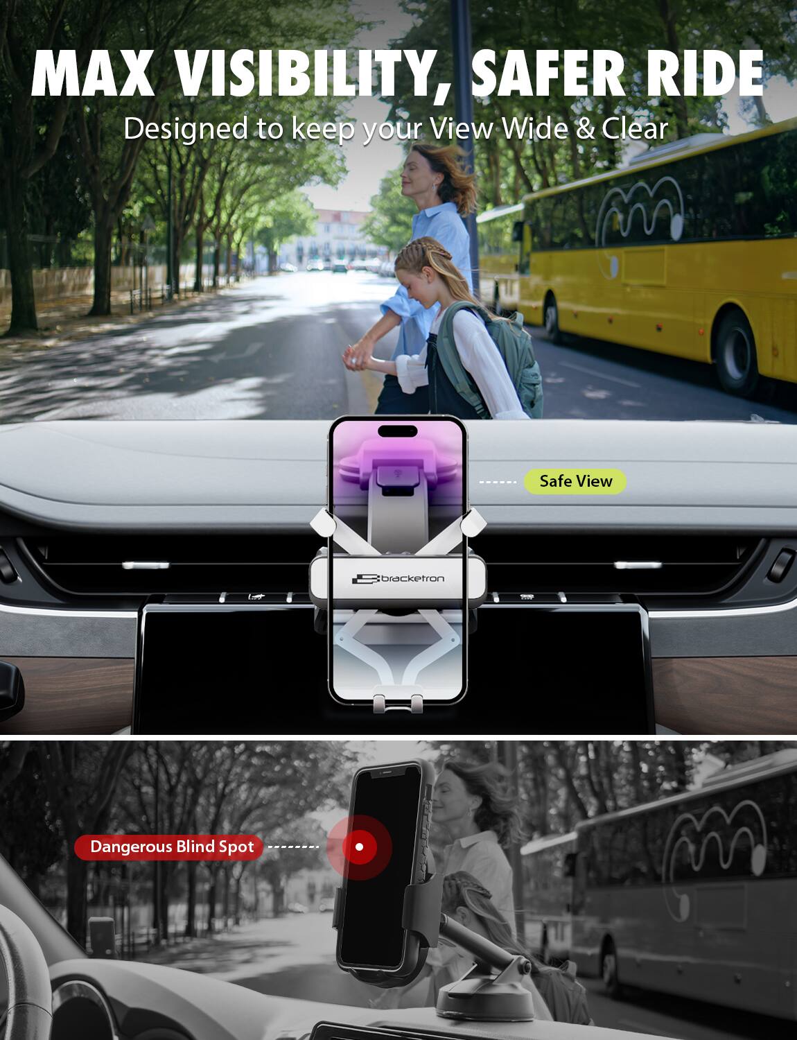 MAX VISIBILITY, SAFER RIDE  
Designed to keep your View Wide & Clear  

Safe View bracketron  

Dangerous Blind Spot