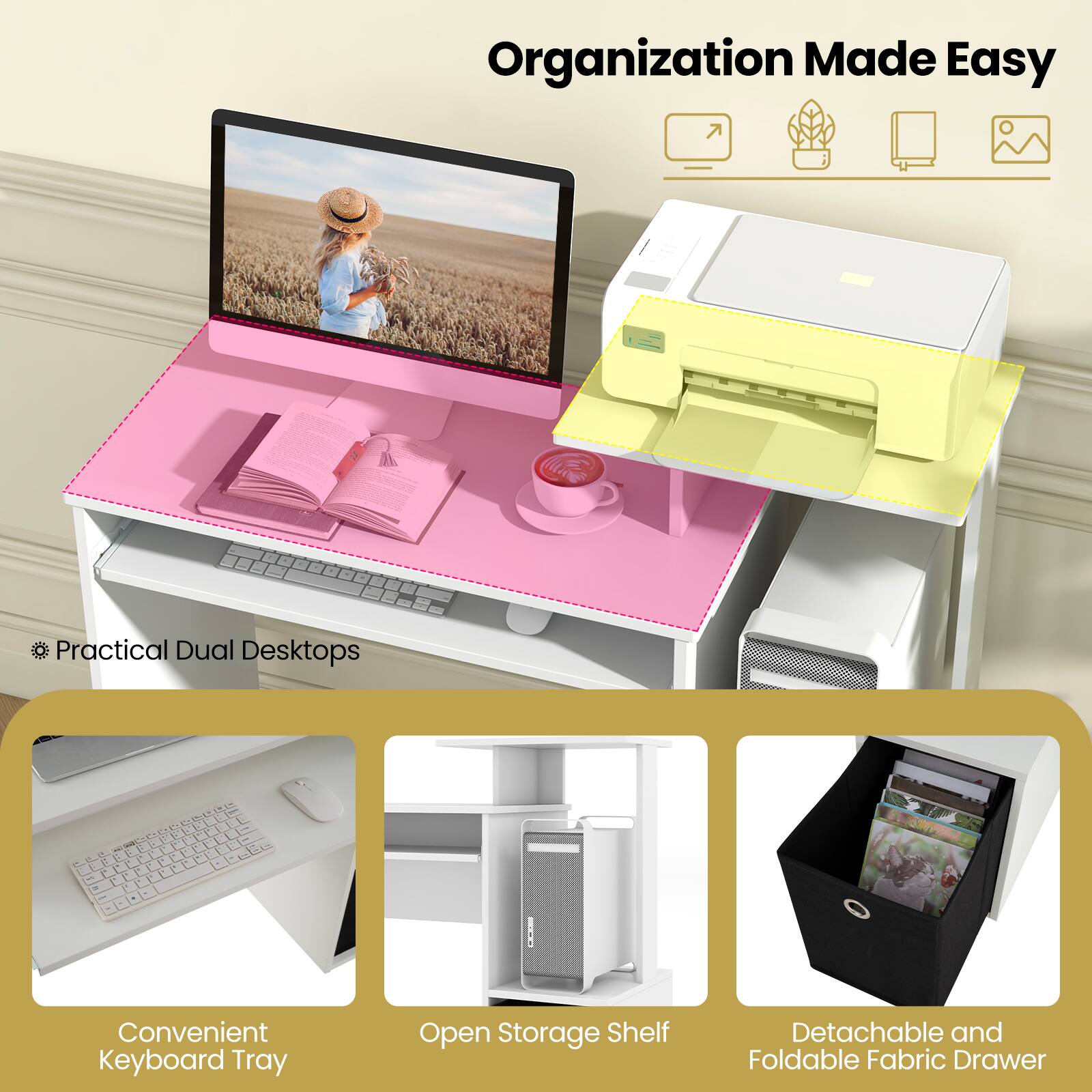 Organization Made Easy

- Practical Dual Desktops
- Convenient Keyboard Tray
- Open Storage Shelf
- Detachable and Foldable Fabric Drawer