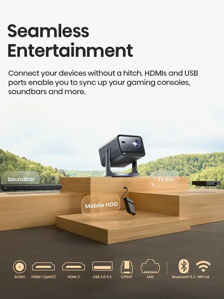 Seamless Entertainment Connect your devices without a hitch. HDMIs and USB ports enable you to sync up your gaming consoles, soundbars, and more. Soundbar, TV Box, Mobile HDD, AUDIO, HDMI 1 (eARC), HDMI 2, USB 3.0 x 2, S/PDIF, LAN, Bluetooth 5.3, WIFI 6E.