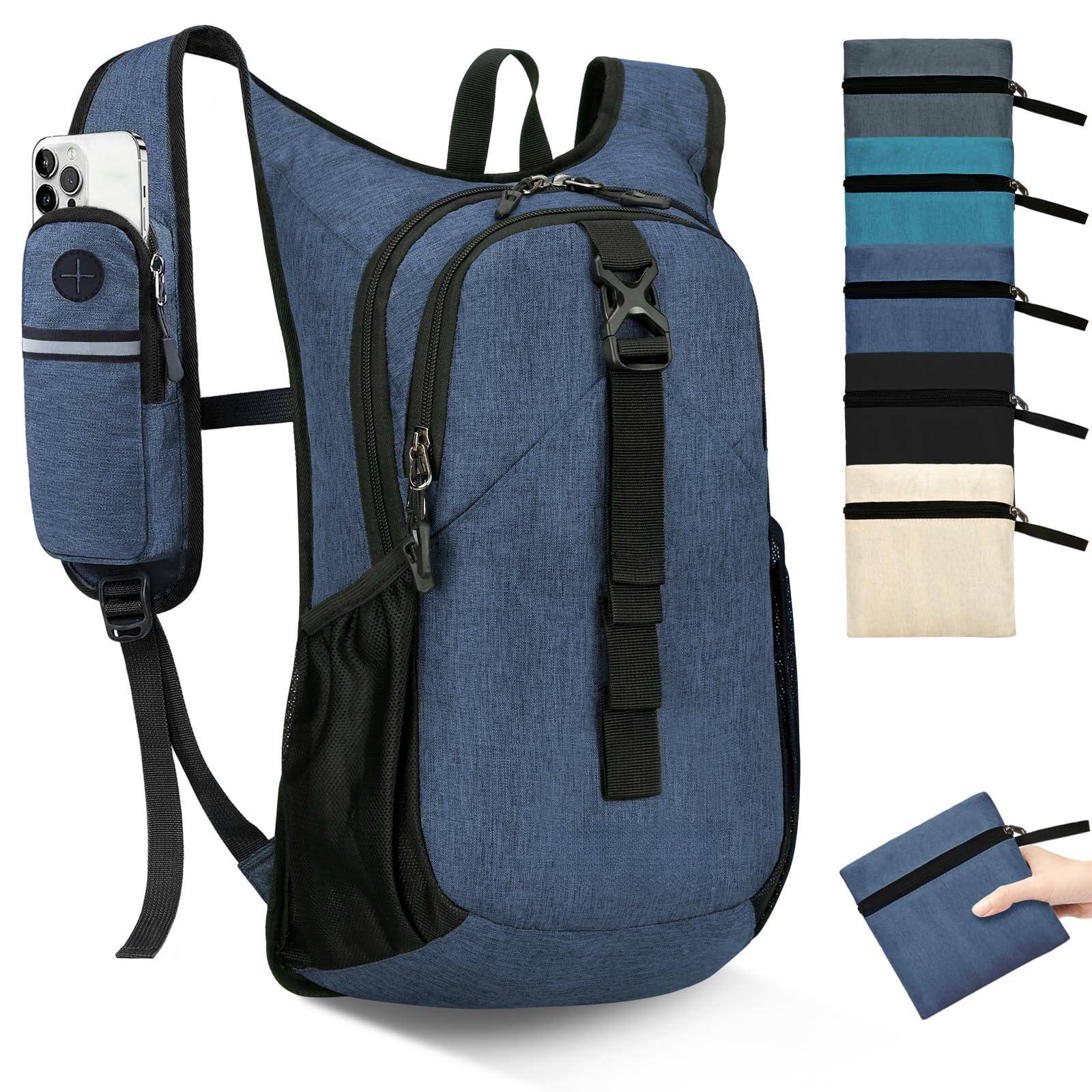 Front. Live At Space - 15l Small Hiking Backpack For Women Men  Foldable Packable With Phone Pocket Lightweight Travel Daypack Camping Outdoor - Dark Blue.