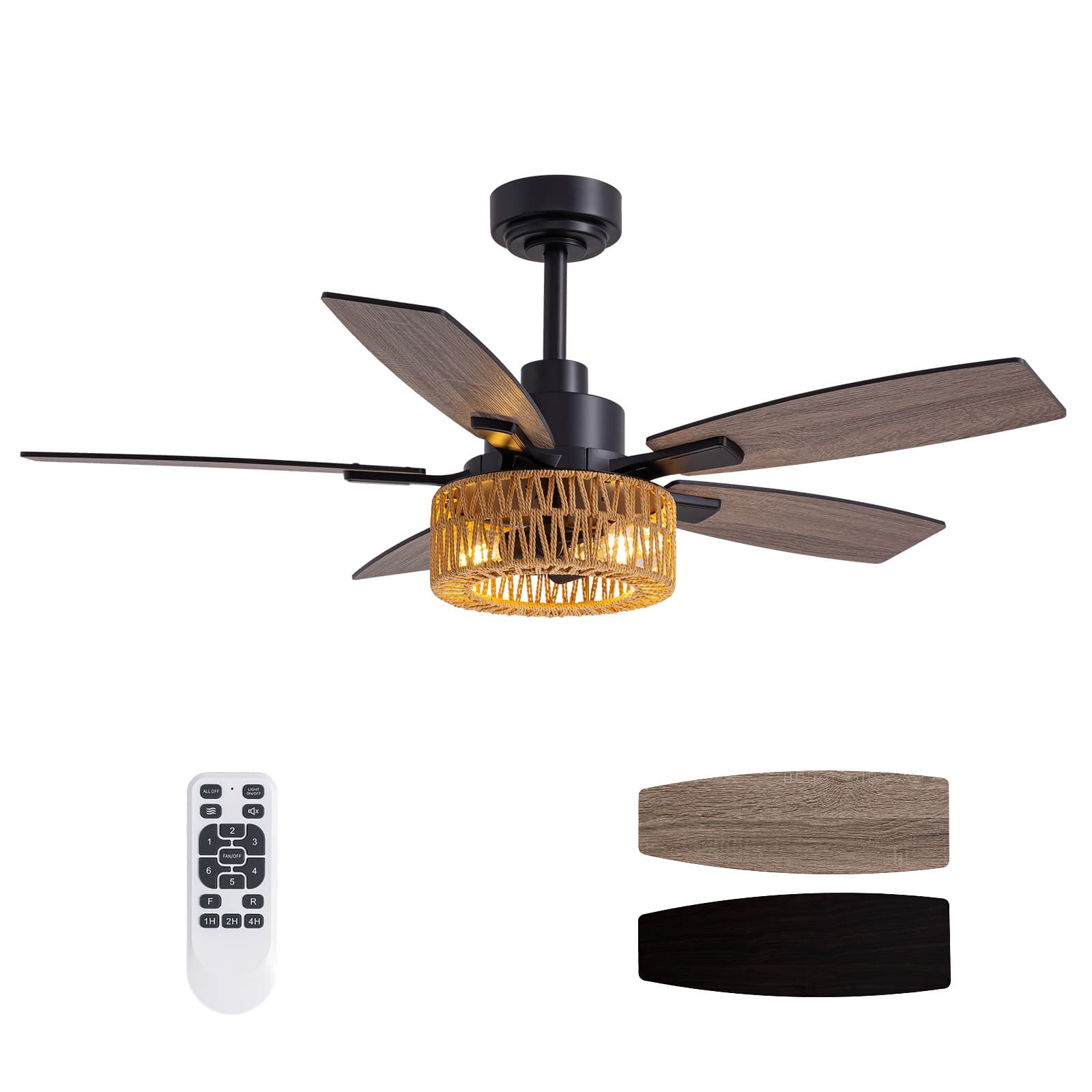 Siljoy - 46-in Boho Rattan Ceiling Fan with Light and Remote Control Include(Bulb not include) - Black