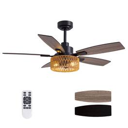 Siljoy - 46-in Boho Rattan Ceiling Fan with Light and Remote Control Include(Bulb not include) - Black