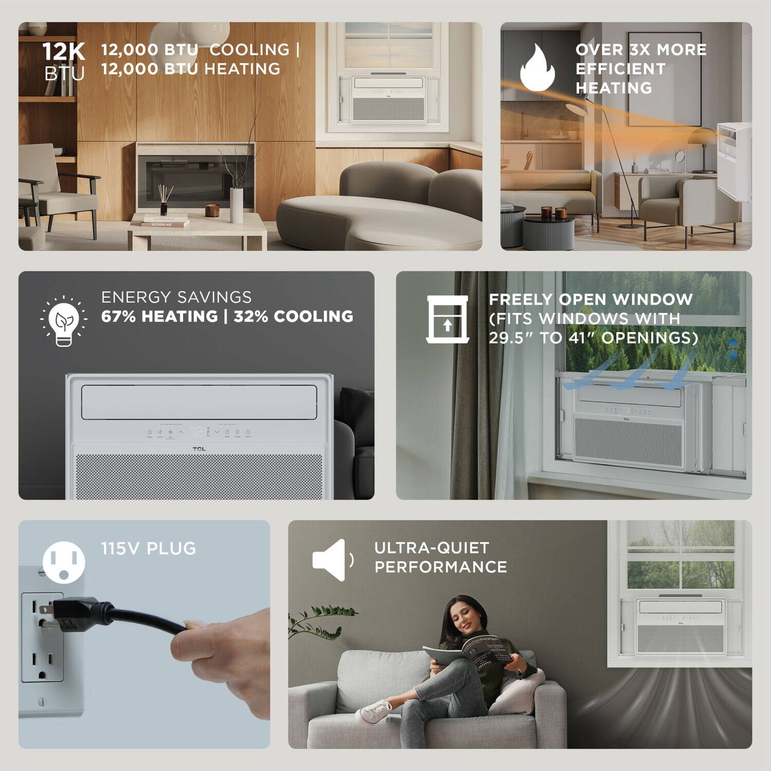 Group: Energy Efficiency and Performance

* 12,000 BTU cooling and heating
* 67% heating efficiency and 32% cooling efficiency
* Ultra-quiet performance

Group: Window Fit

* Freely open window (fits windows with 29.5" to 41" openings)

Group: Plug and Power Source

* 115V plug
* 115V plug

Group: Comfort and Convenience

* 12,000 BTU cooling and heating
* 67% heating efficiency and 32% cooling efficiency
* Ultra-quiet performance
* Freely open window (fits windows with 29.5" to 41" openings)