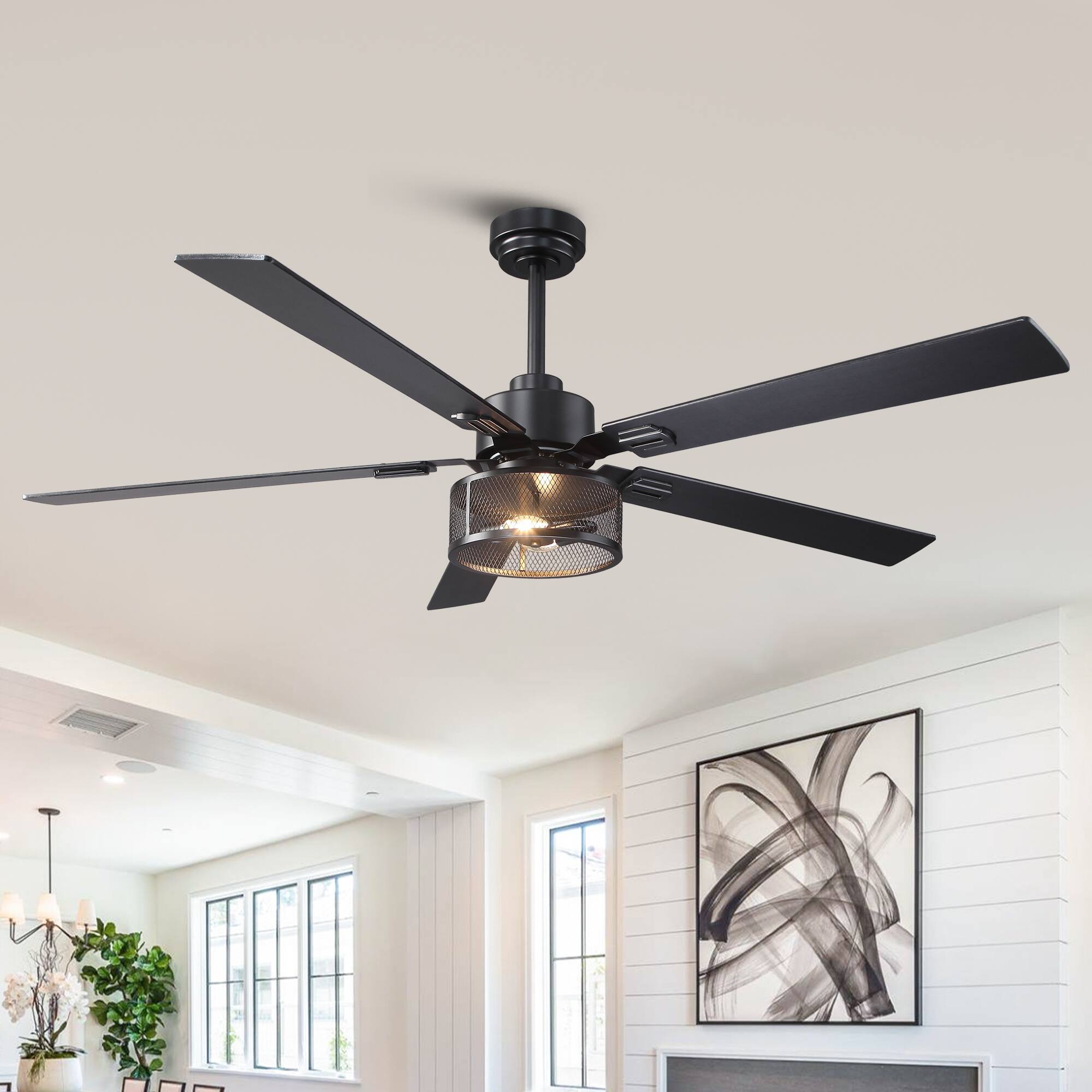 Back. Parrot Uncle - 60" Black Reversible Wood 5-Blade Smart Ceiling Fan with Light and APP Control - Matte Black.