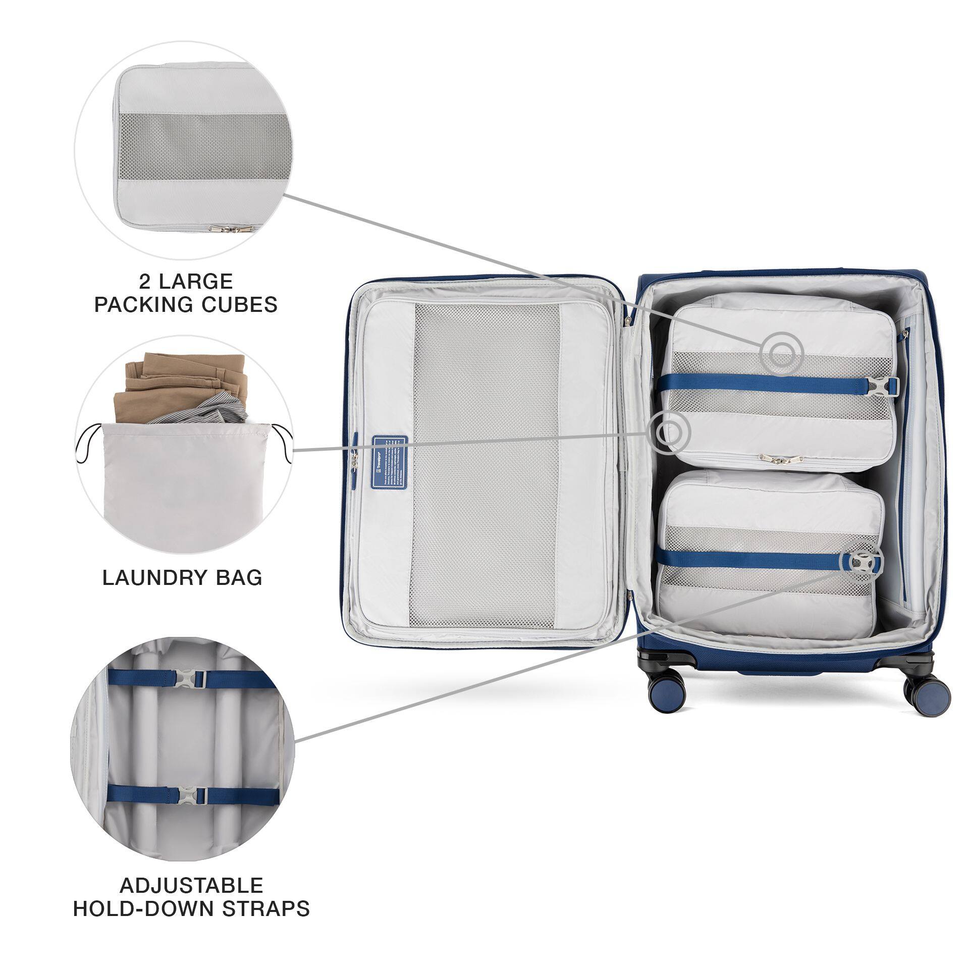 2 LARGE PACKING CUBES  
LAUNDRY BAG  
ADJUSTABLE HOLD-DOWN STRAPS