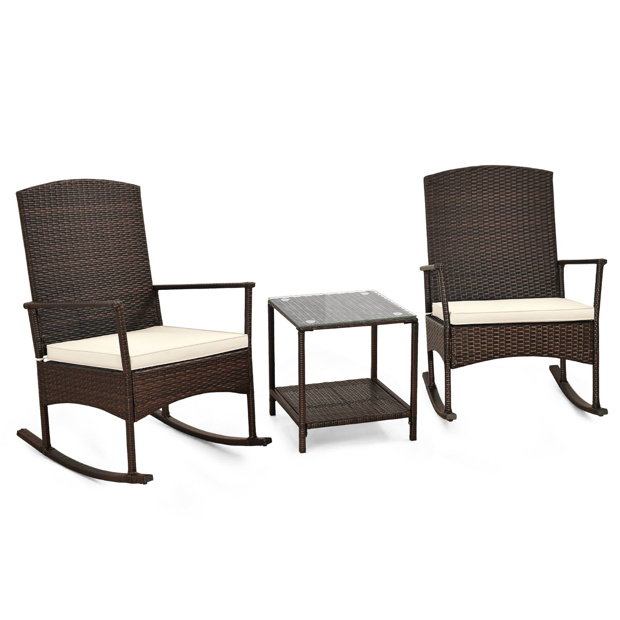 Alt View 8. Gymax - Gymax 3 Pieces Rocking Wicker Bistro Set Outdoor Front Porch Rocker Chairs Conversation Set White - White, Mix Brown.