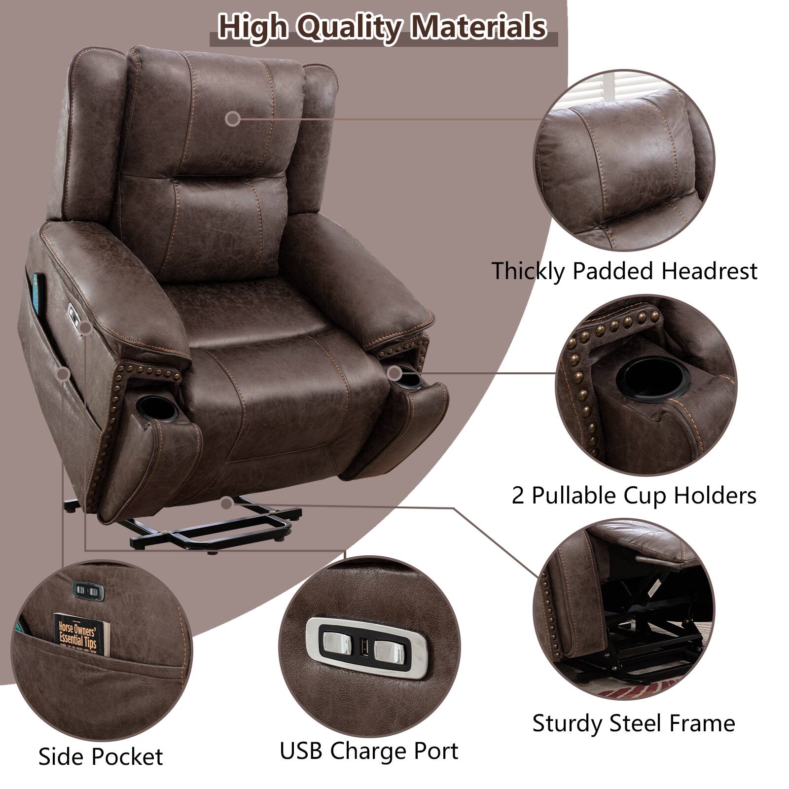 High Quality Materials

- Thickly Padded Headrest
- 2 Pullable Cup Holders
- Side Pocket
- USB Charge Port
- Sturdy Steel Frame