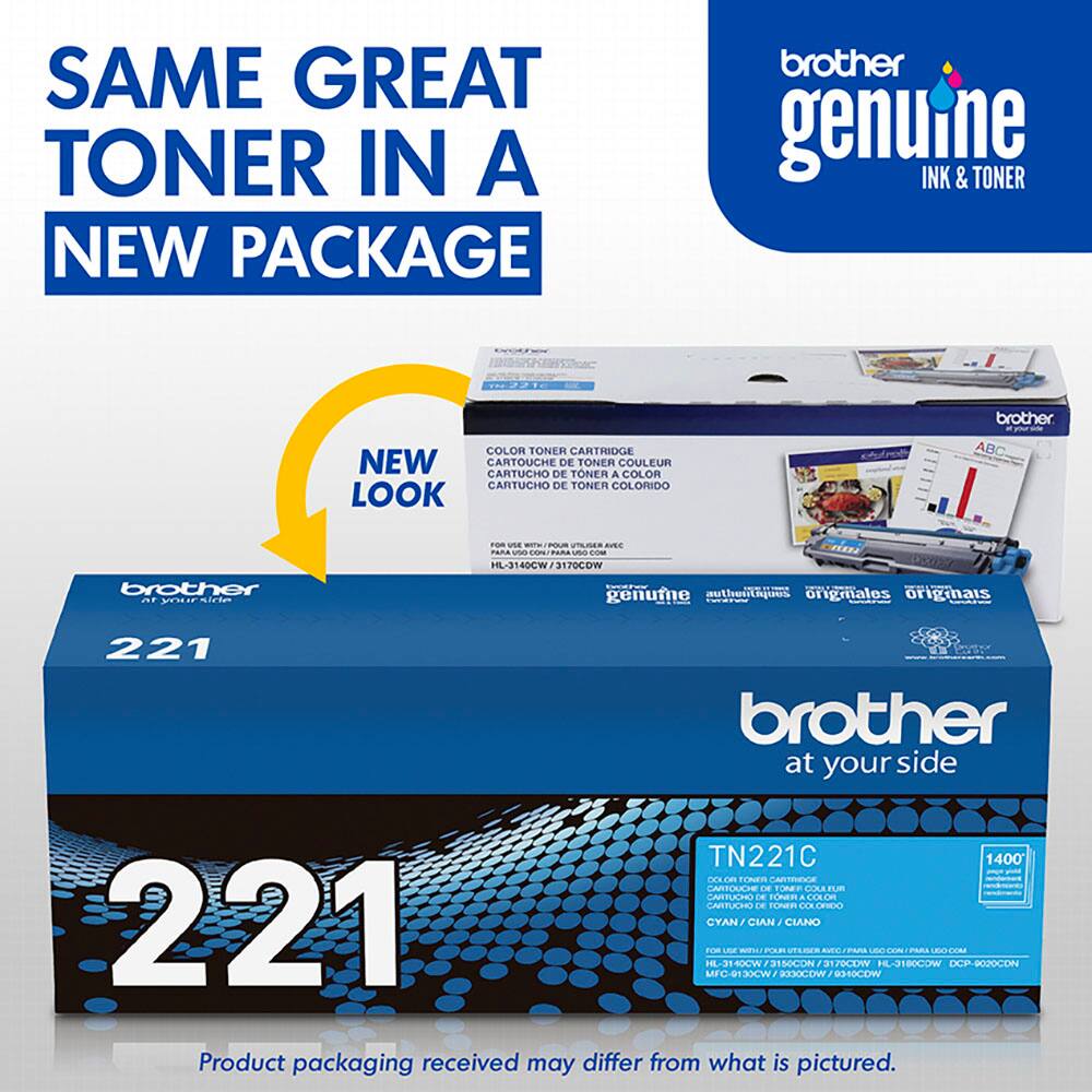 Same Great Toner in a New Package: Brother Genuine Ink & Toner Cartridge. Color Toner Cartridge. New Cartouche. Cartucho de Toner Colorido. Look Brother at Your Side. TN221C. 1400 Ore ce fimen. Cartuchos TIme. F CARTUCI IN nmam COOm ATLECE 1m tnen C. EESC 221 CYAN F CIAN CIANO t LOE FAm muns Co PARS HE-31 ROCW 1S0CON 3170CDPV PIL-3180COW DCP-P020CON MFC-30CW 00d0Cow 340CoW. Product packaging received may differ from what is pictured.
