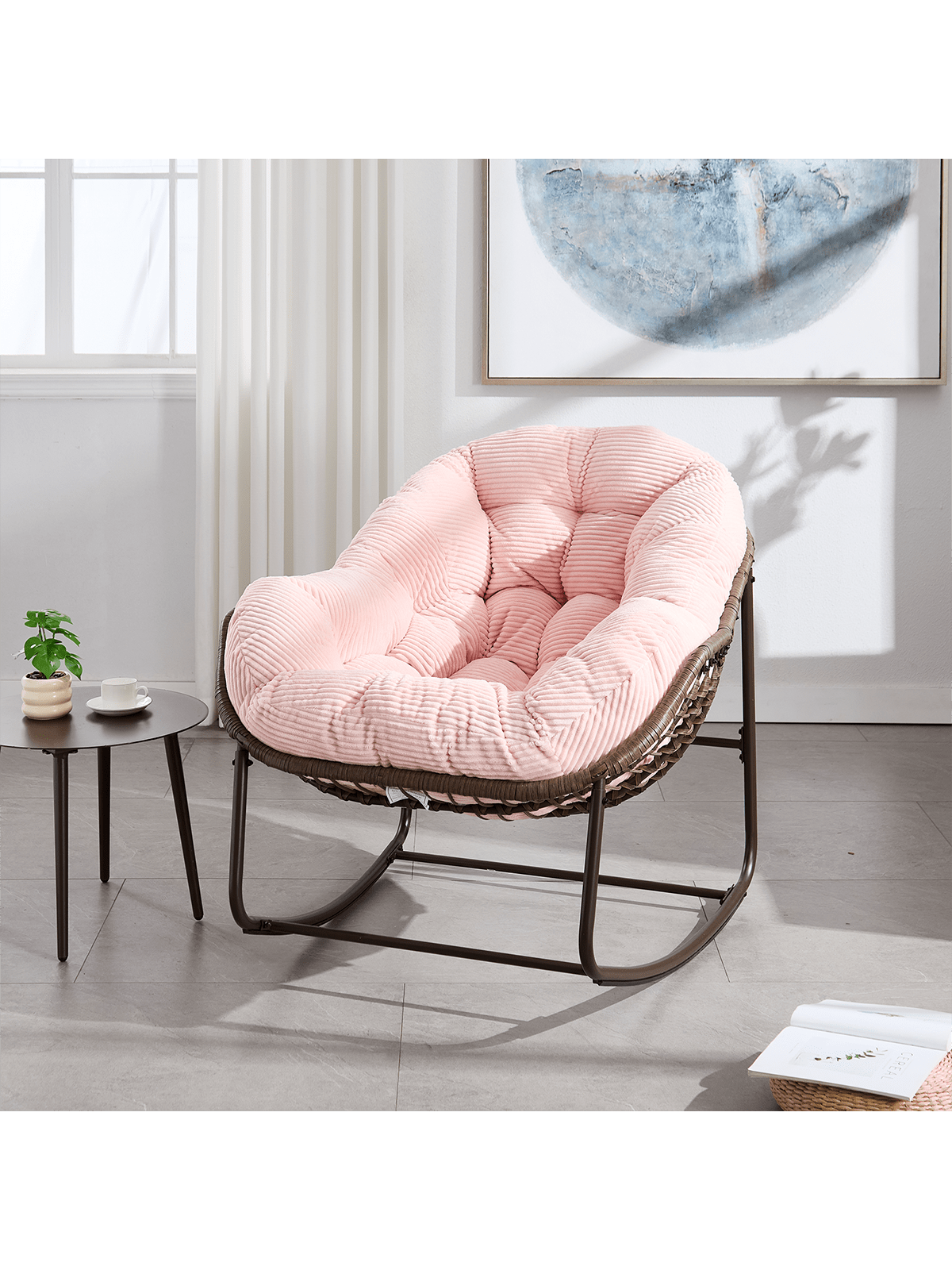 Back. Trinkets Crazed - Outdoor Indoor Rocking Chair Set Of 2, Oversized Patio Papasan Rocking Egg Chair With Padded Cushion - Pink.
