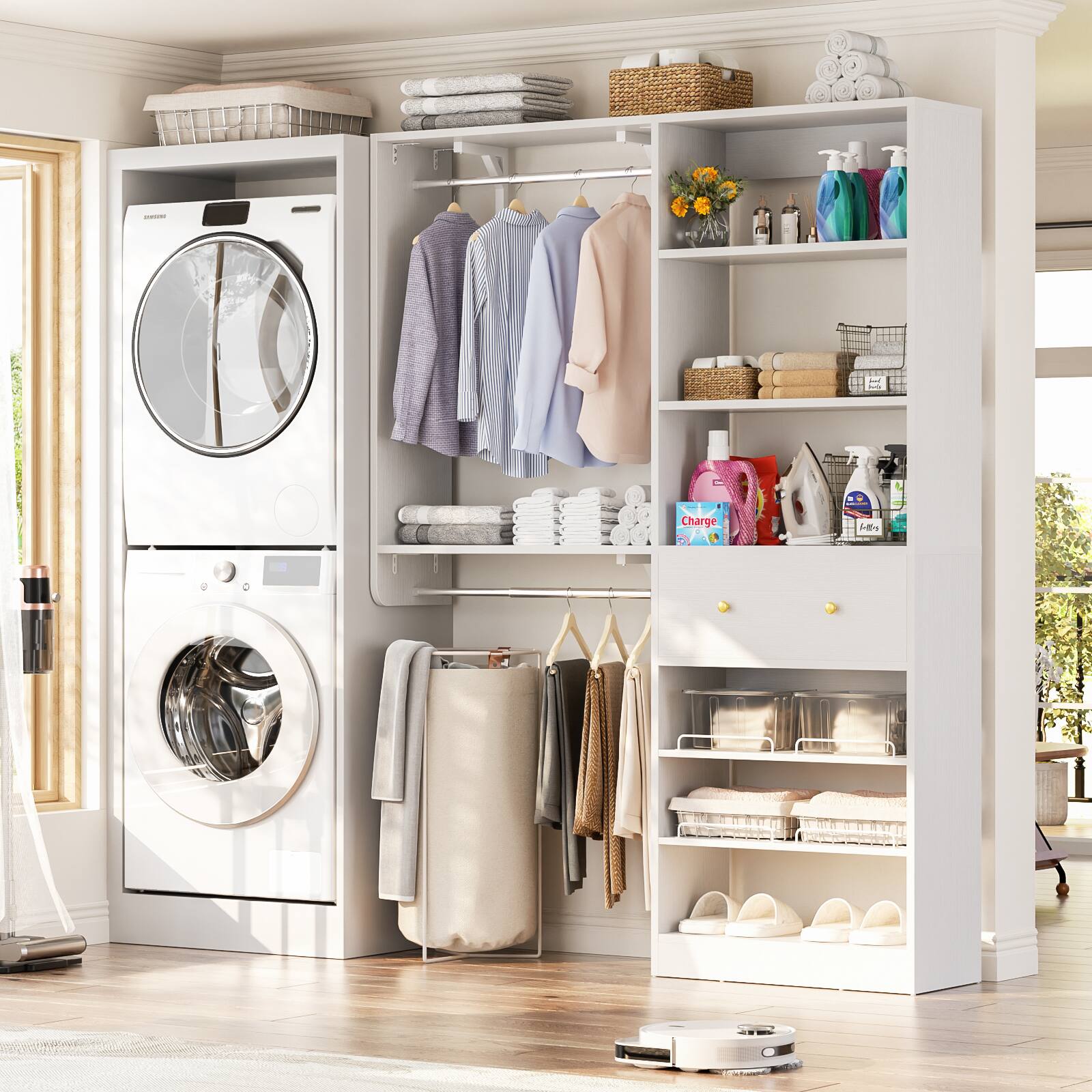 Back. Aheaplus - Reversible 5FT Wood Closet Organizer System with Drawer, 2 Hanging Rods, and Adjustable Shelf, Wall Mounted - White.
