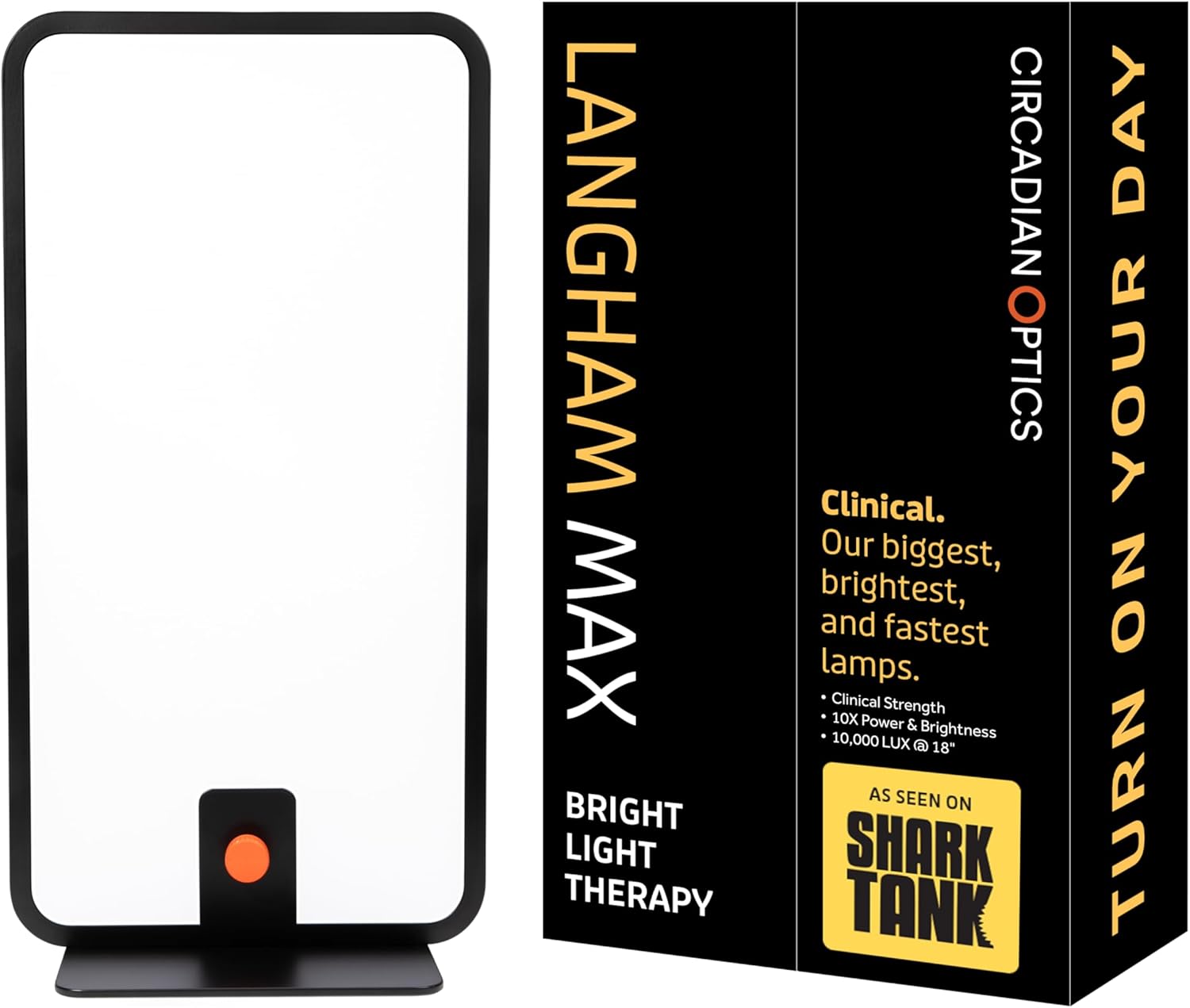 LANGHAM MAX BRIGHT LIGHT THERAPY  
CIRCADIAN OPTICS  
Clinical. Our biggest, brightest, and fastest lamps.  
Clinical Strength 10X Power & 10,000 Brightness LUX @ 18"  
AS SEEN ON SHARK TANK  
TURN ON YOUR DAY
