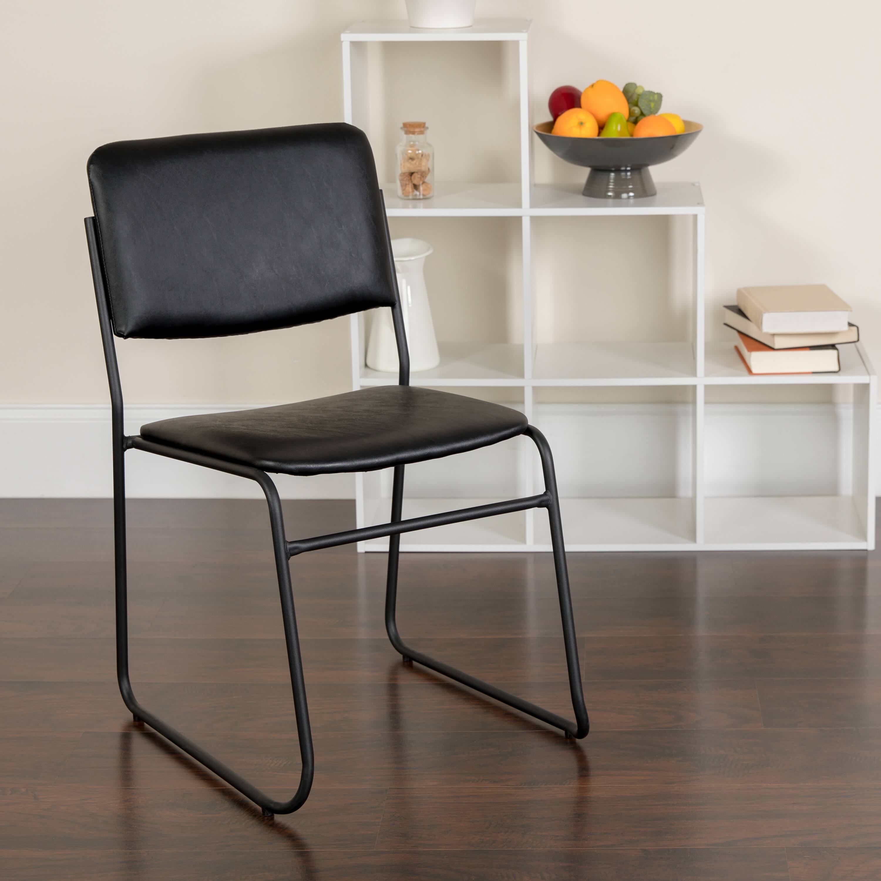 Alt View 1. Emma + Oliver - 500 lb. Capacity High Density Stacking Chair with Sled Base - Black Vinyl/Black Frame.