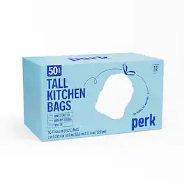 Perk - 13 Gallon Kitchen Trash Bag, 28" x 24", Low Density, 0.9 mil, 50 Bags/Box - White