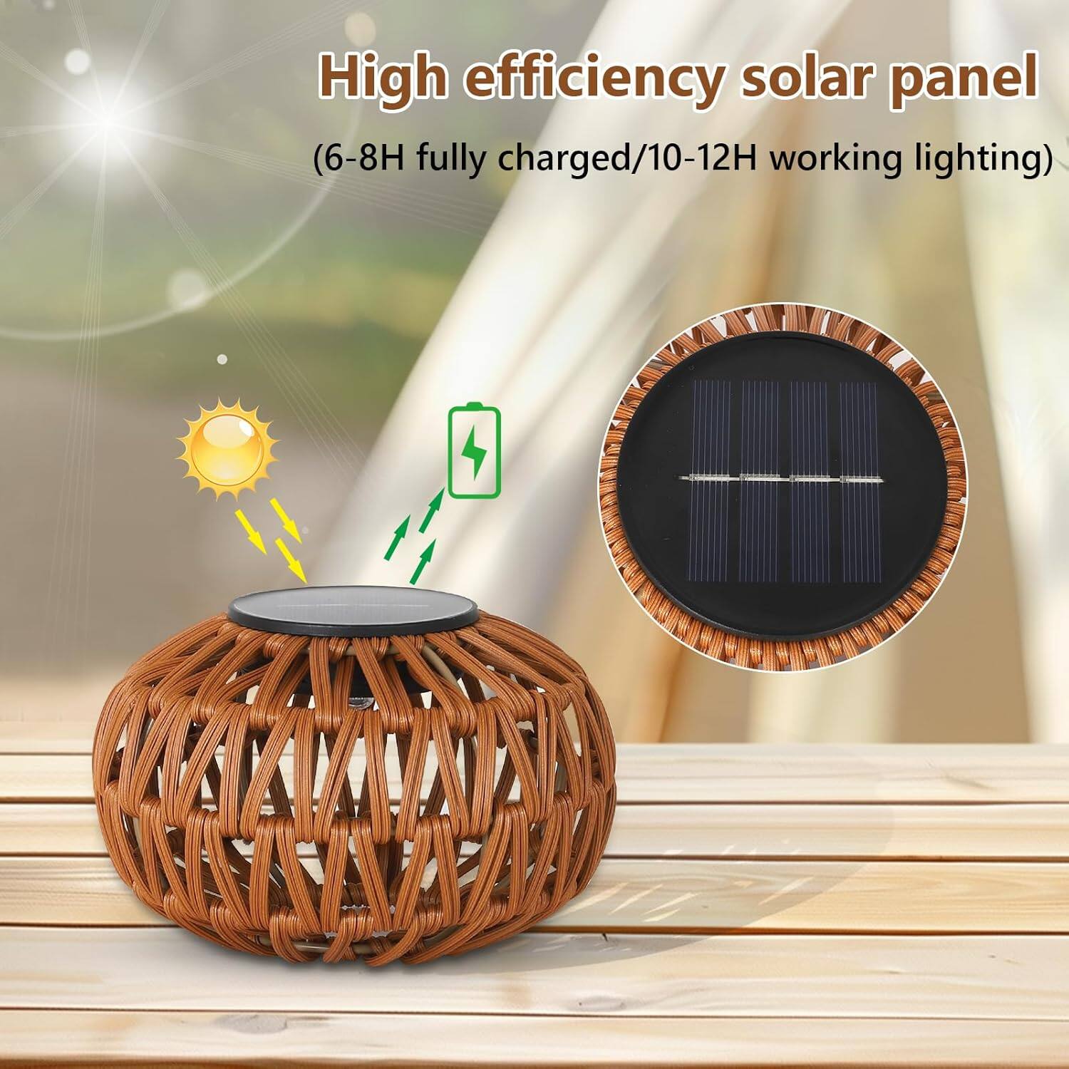 High efficiency solar panel  
(6-8H fully charged/10-12H working lighting)
