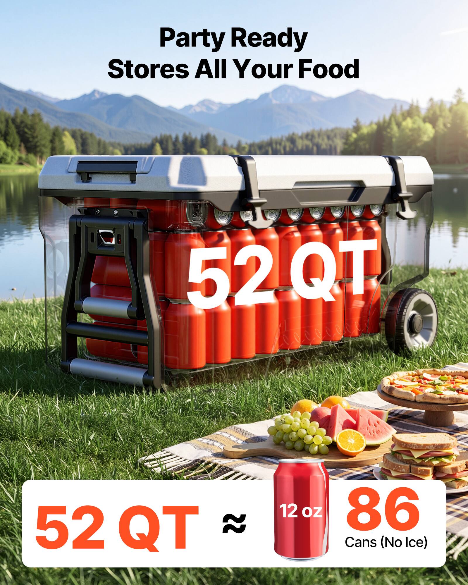 Party Ready Stores All Your Food  
52 QT  
12 oz  
86 Cans (No Ice)