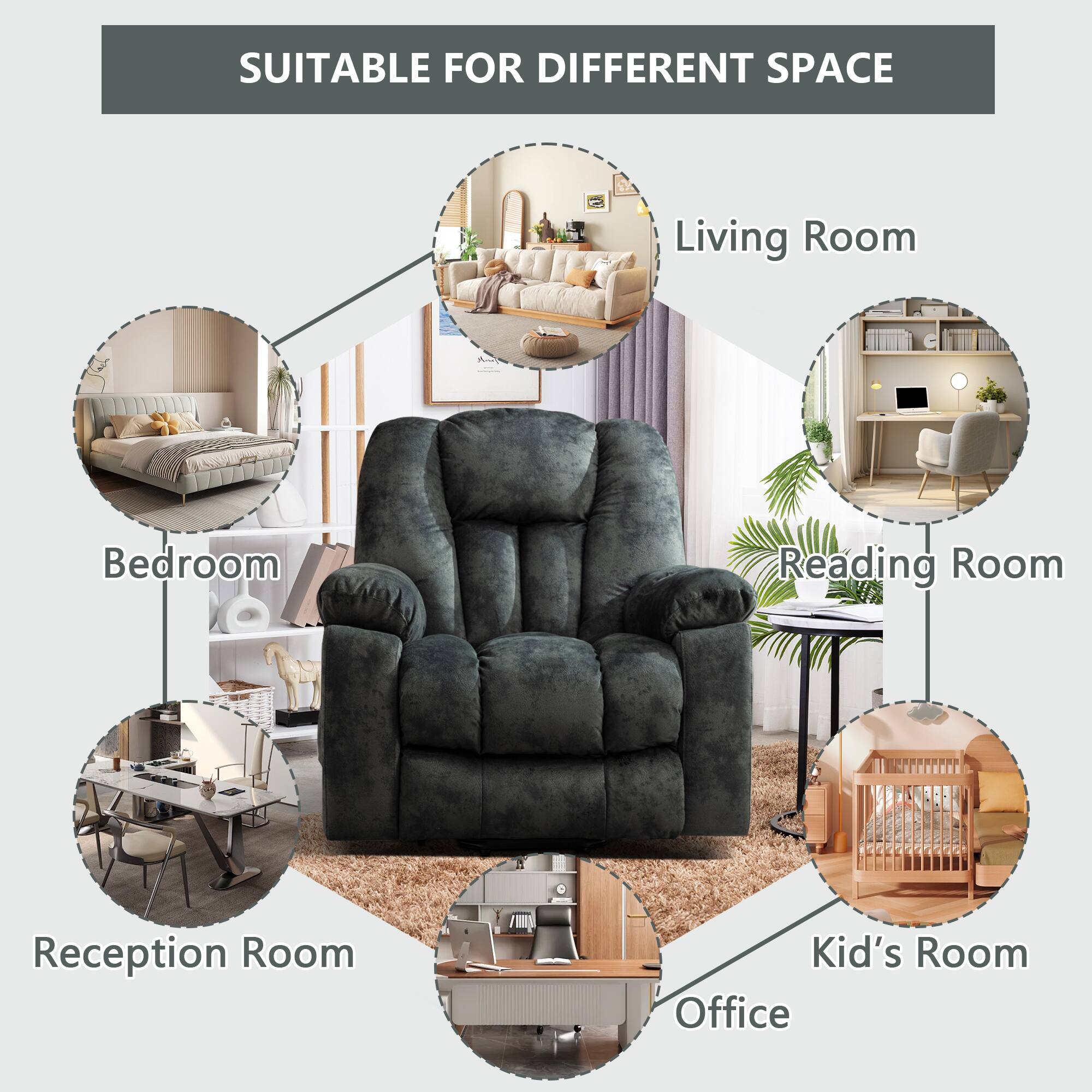 SUITABLE FOR DIFFERENT SPACE

- Living Room
- Bedroom
- Reading Room
- Reception Room
- Kid's Room
- Office