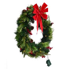 VEVOR - Christmas Wreath, 24 Inches Pre-Lit Artificial Christmas Wreath with 50 LED Lights and Timer, Decorated with Pine Cones - Green + Red