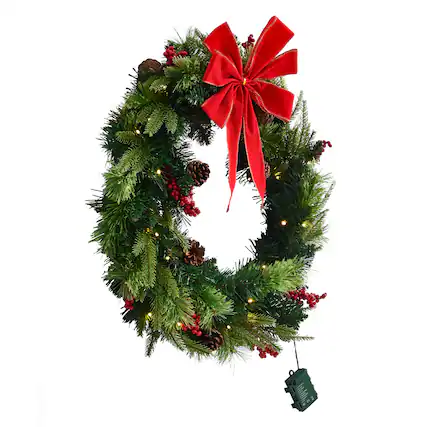 Front. VEVOR - Christmas Wreath, 24 Inches Pre-Lit Artificial Christmas Wreath with 50 LED Lights and Timer, Decorated with Pine Cones - Green + Red.