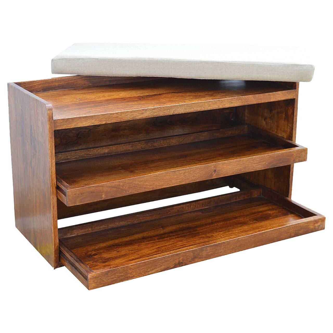 Alt View 5. Artisan Furniture - Artisan Furniture Solid Wood Mud Linen Pull out Shoe Bench, Upholstered, 2 Shelves, Brown & White - Brown & White.