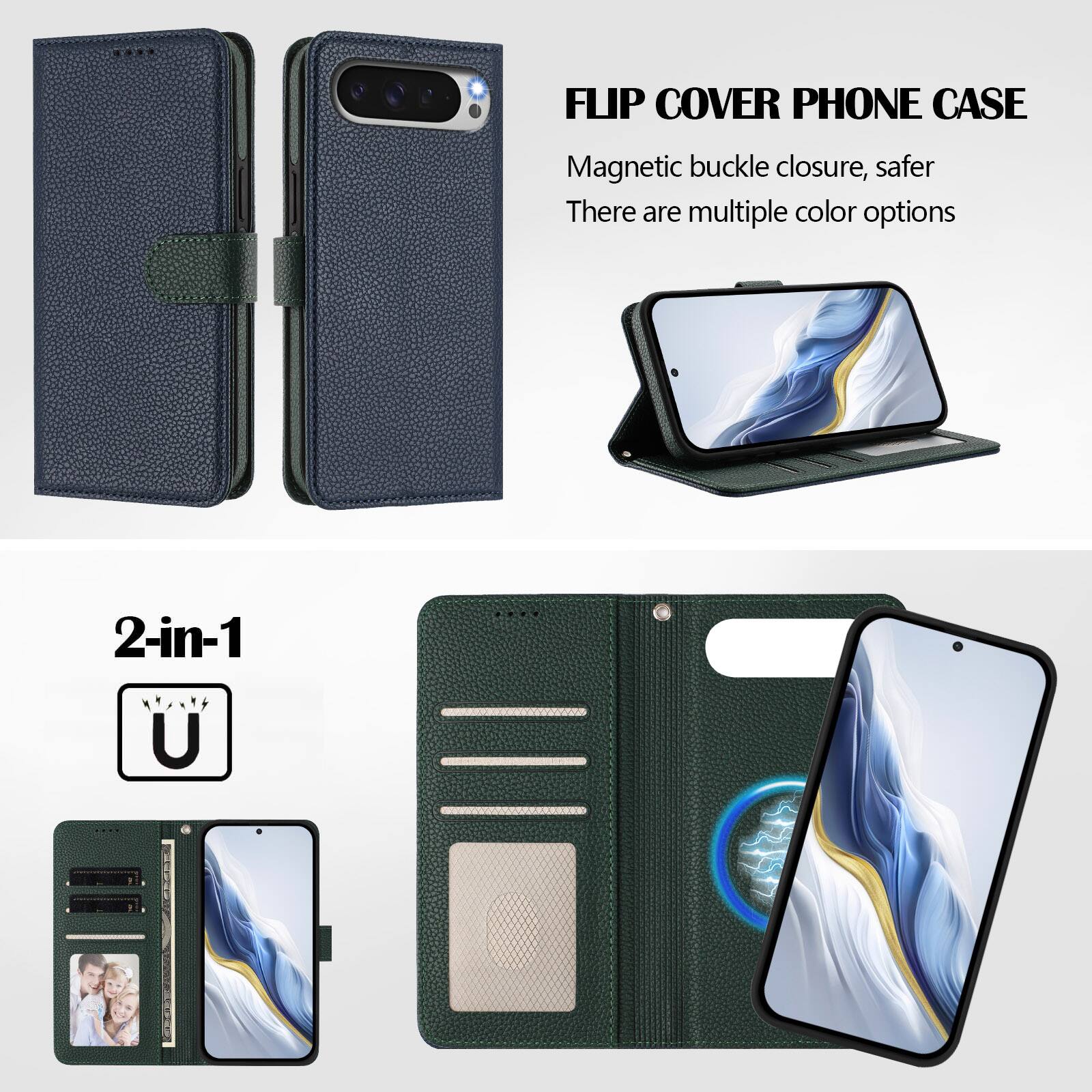 FLIP COVER PHONE CASE  
Magnetic buckle closure, safer  
There are multiple color options  

2-in-1