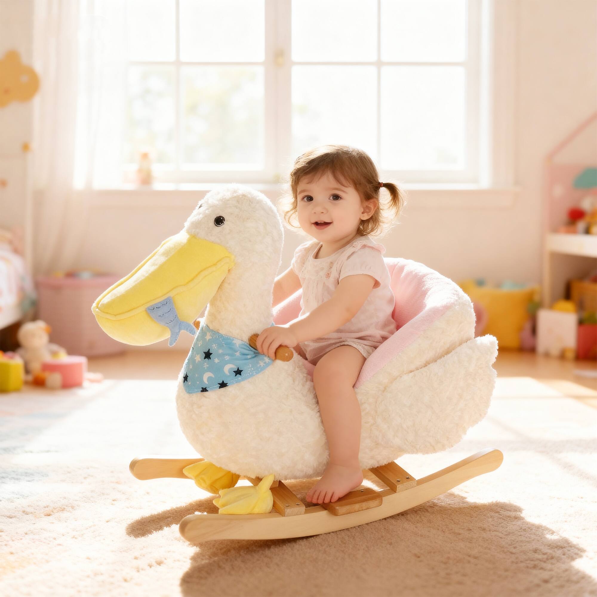 Angle. Qaba - Pelican Baby Rocking Horse, Plush Stuffed Animal Rocker with Realistic Sound, Safety Belt, Kids Ride on Rocker.