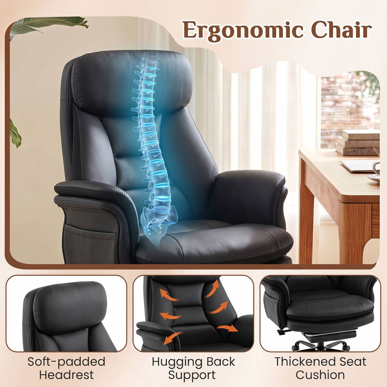 Ergonomic Chair

- Soft-padded Headrest
- Hugging Back Support
- Thickened Seat Cushion