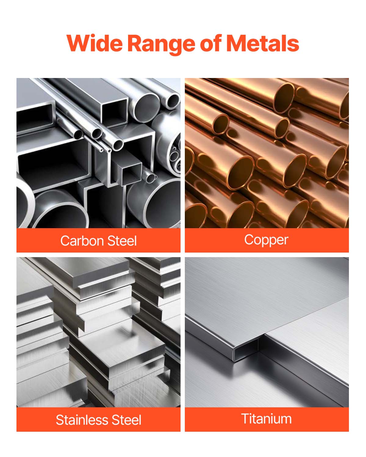Wide Range of Metals

- Carbon Steel
- Copper
- Stainless Steel
- Titanium