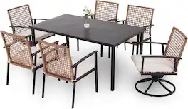 Yardgrace - 7-Piece Patio Dining Set with 6 Wicker Chairs (2 Swivel), Cushions & Iron Table w/ Umbrella Hole for Backyard - Brown