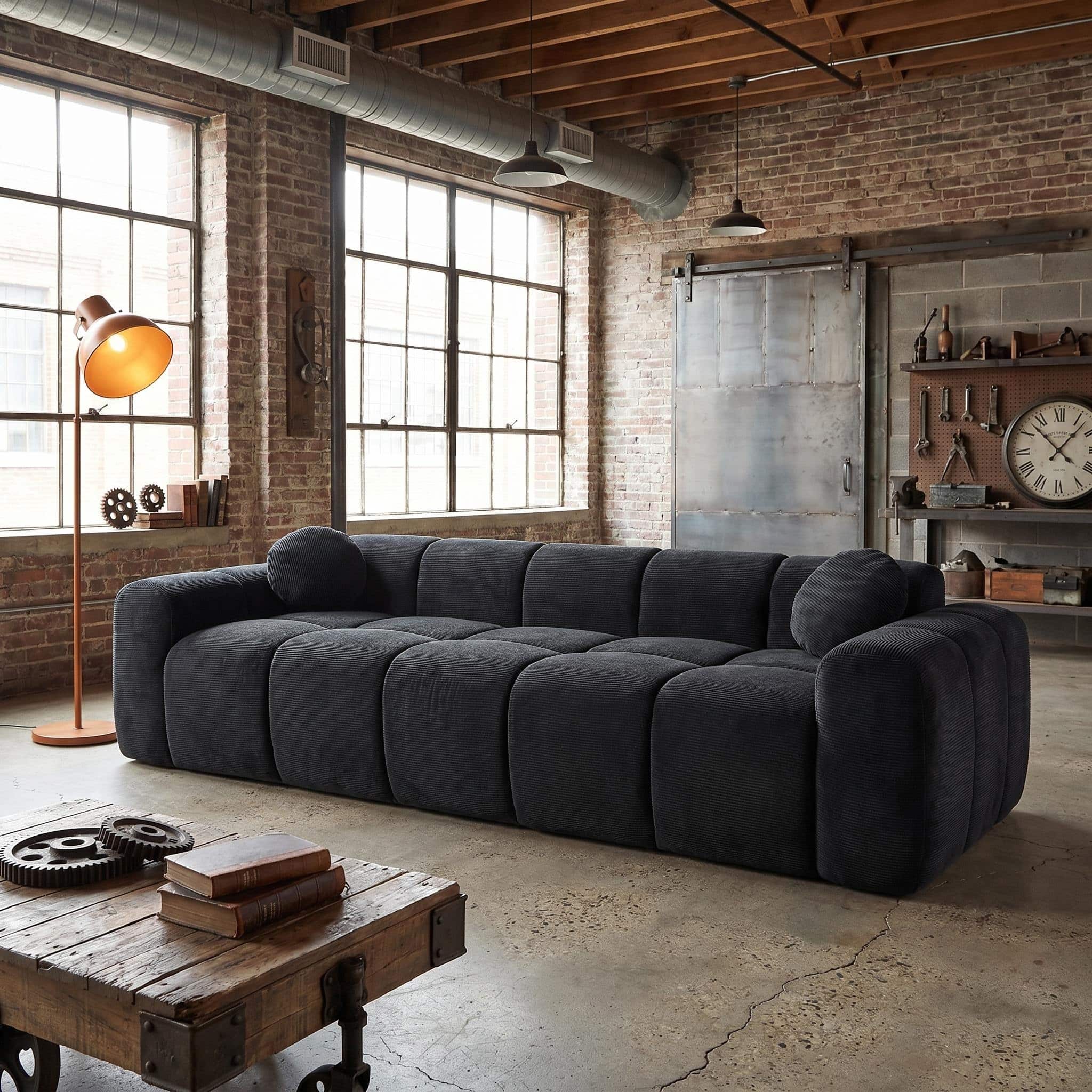 Bestier - 98.4" Corduroy Rectangle Compression Sofa, 3-Seater Cloud Couch Upholstered Sofa w/ 2 Pillow, Vacuum Packed, No Assembly - Black