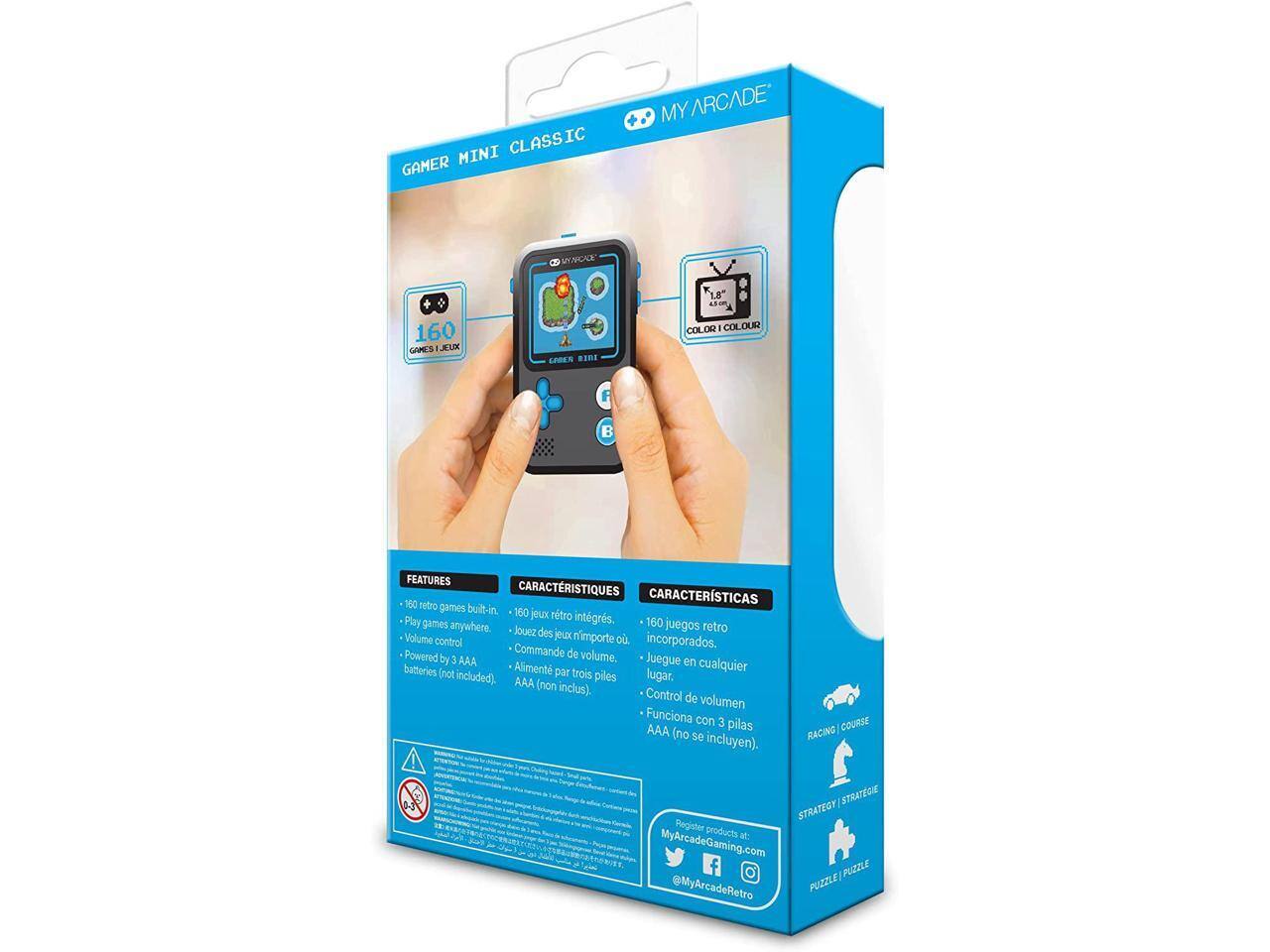 CLASSIC IC GAMER MINI MY ARCADE  
1.8" 160 GAMES  
LABEN BInE COLOR COLOUR  

FEATURES / CARACTÉRISTIQUES / CARACTERÍSTICAS  
- 160 retro games built-in  
- Play games anywhere  
- Volume control  
- Powered by 3 AAA batteries (not included)  

COURSE / RACING / STRATEGIE / STRATEGY  
PUZZLE / PUZZLE  

MyArcadeGaming.com  
@MyArcadeRetro