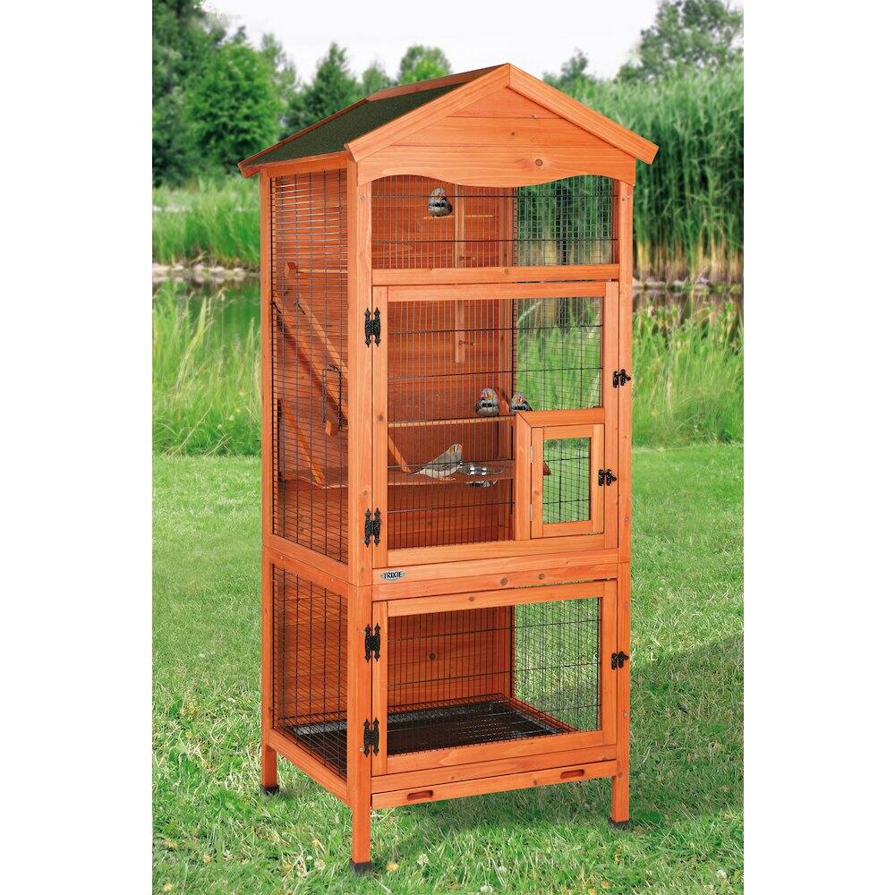 Angle. TRIXIE - Large 70" Indoor-Outdoor Wooden Birdcage with 3 Front Doors & 2 Perches, Brown - Brown.
