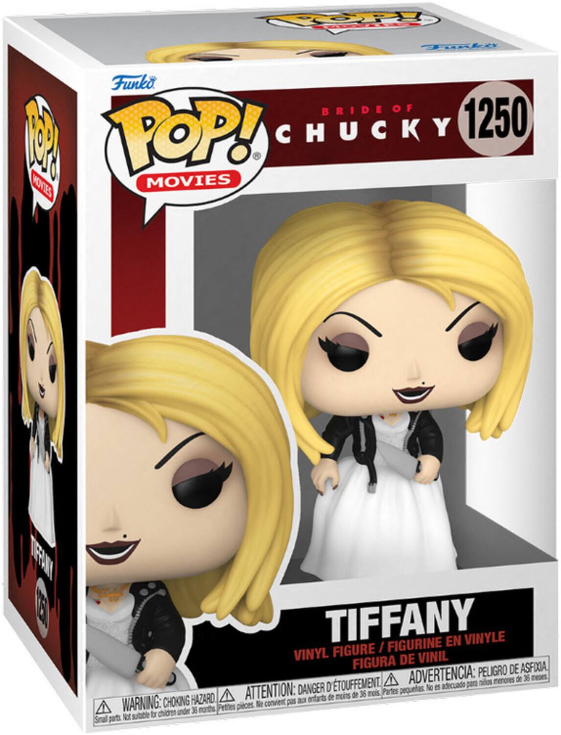 Sure, here is the corrected and grouped text from the image:

---

**Funko**

**POP! MOVIES**

**BRIDE OF CHUCKY**

**1250**

**TIFFANY**

**VINYL FIGURE / FIGURINE EN VINYLE / FIGURA DE VINIL**

**WARNING: CHOKING HAZARD. Small parts. Not suitable for children under 36 months.**

**ATTENTION: DANGER D'ÉTOUFFEMENT. Petites pièces. Ne convient pas aux enfants de moins de 36 mois.**

**ADVERTENCIA: PELIGRO DE ASFIXIA. Piezas pequeñas. No es adecuado para niños menores de 36 meses.**

---