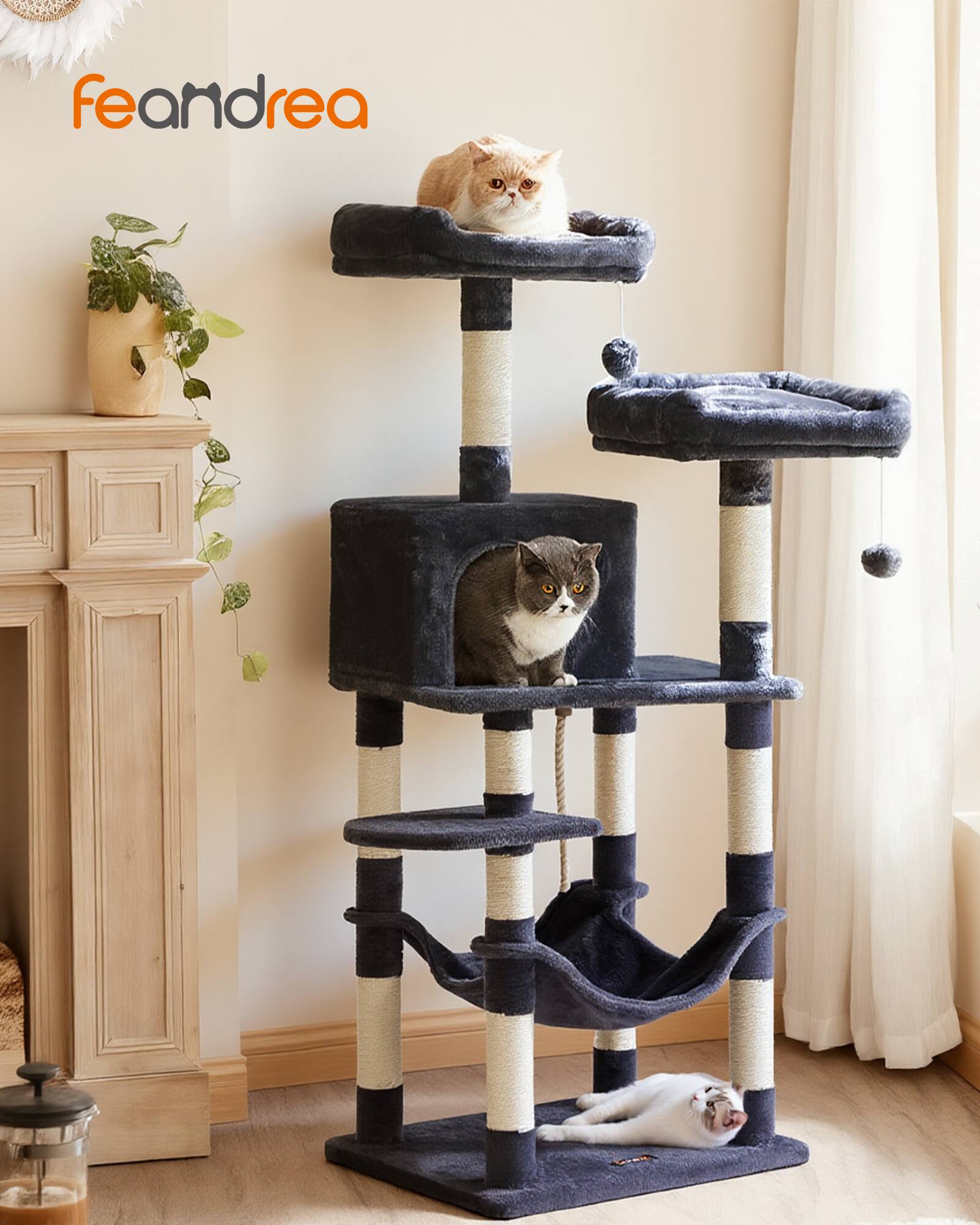 Angle. Songmics Home - Cat Tree, 56.3-Inch Cat Tower for Indoor Cats, Multi-Level Cat Condo with 11 Scratching Posts, 2 Perches, Cave, Hammock - Smoky Gray.