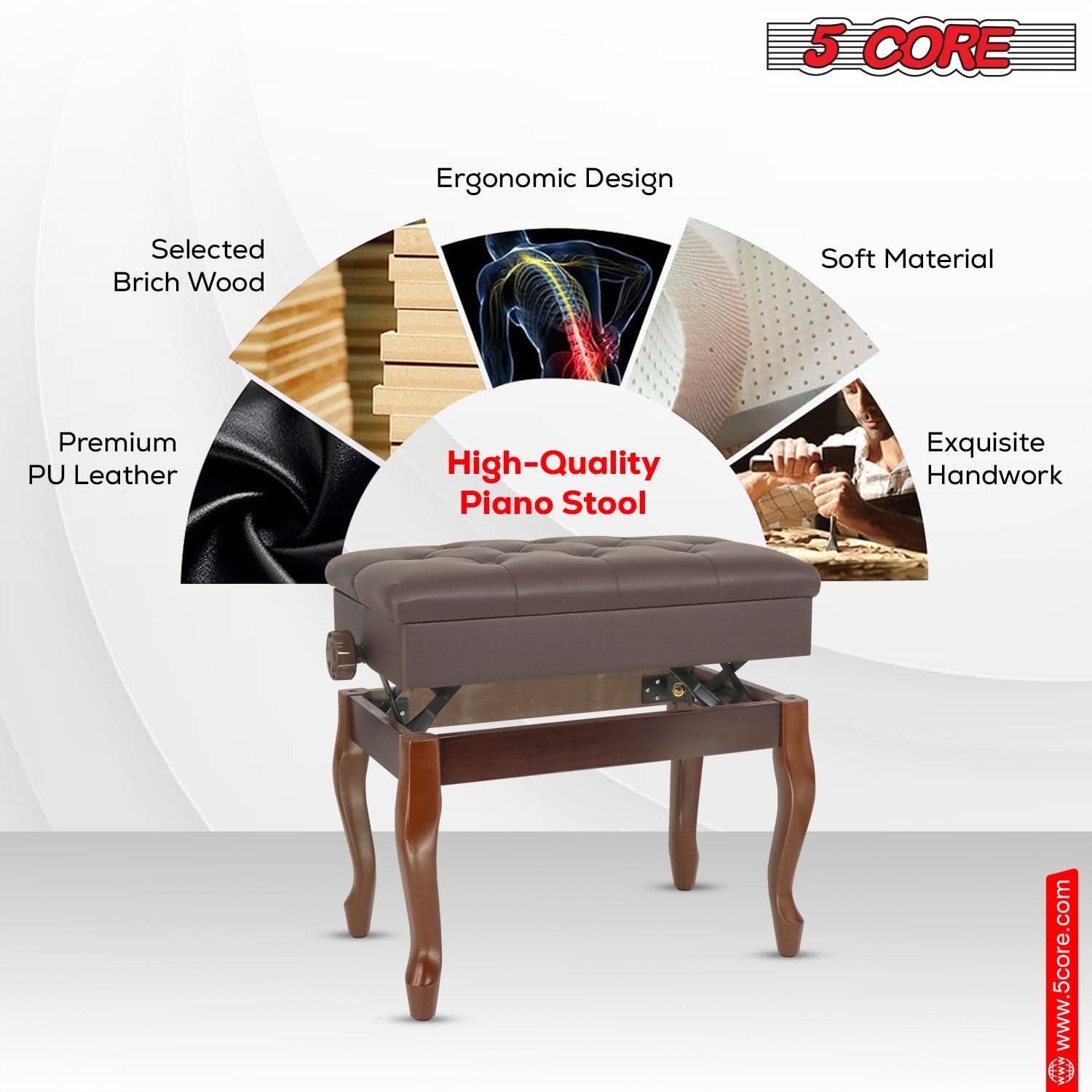 5 CORE, High-Quality Piano Stool, Ergonomic Design, Selected Brich Wood, Premium PU Leather, Soft Material, Exquisite Handwork, www.5core.com