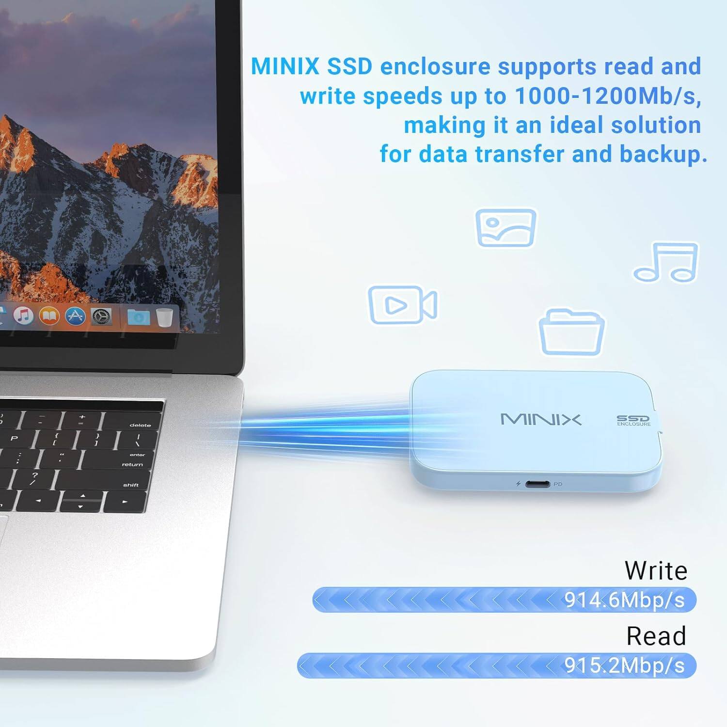 MINIX SSD enclosure supports read and write speeds up to 1000-1200Mb/s, making it an ideal solution for data transfer and backup.