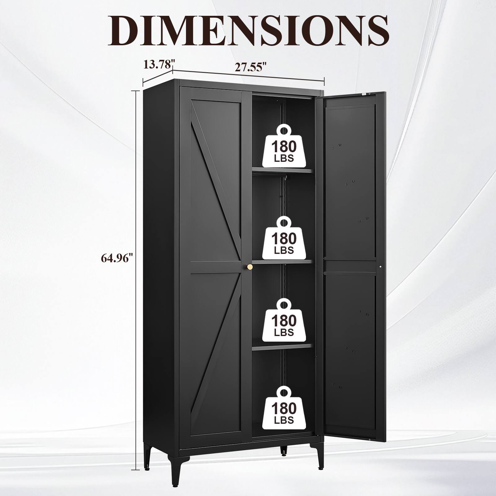 DIMENSIONS  
13.78" x 27.55" x 64.96"  
180 LBS (each shelf)