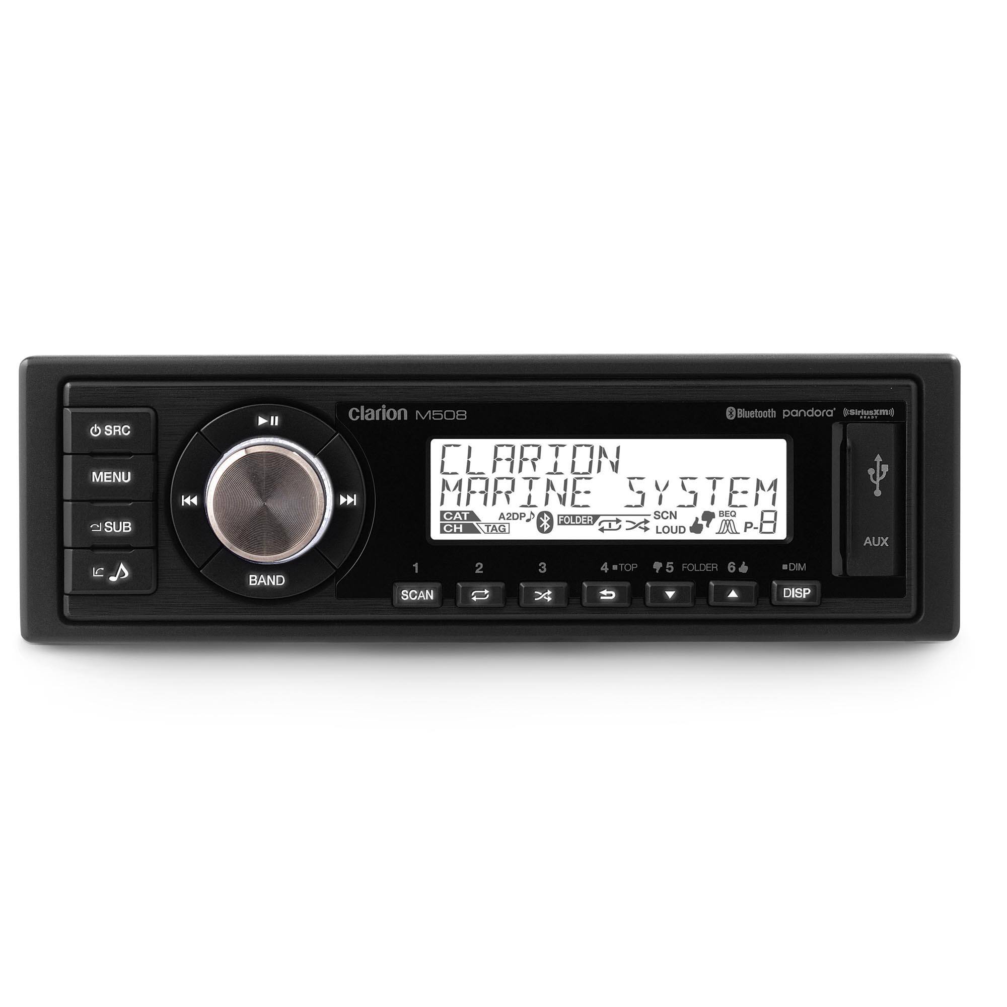 SRC MENU SUB 144 I Clarion M508 I Bluetooth pandora usXm | CLARION MARINE SYSTEM CAT A2DP SCN BEO FOLDER CH TAG X LOUD P. AUX IC BAND 1 SCAN 2 3 x 4 NIOP U 5 FOLDER 6 DIM DISP