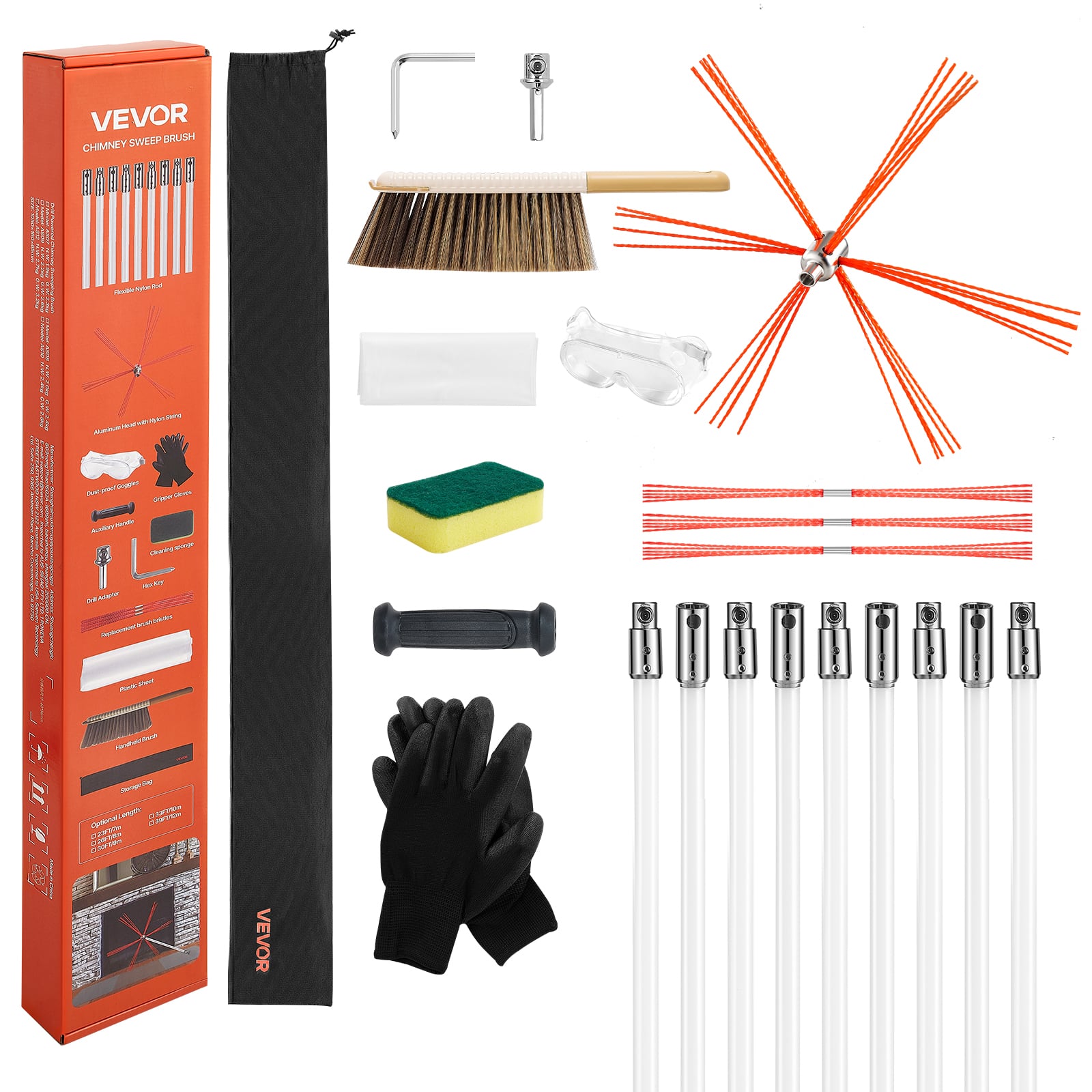 VEVOR - 30 ft Extendable Chimney Cleaning Kit with Bristle Replacements & Goggles, Flexible Design for 90° Angles