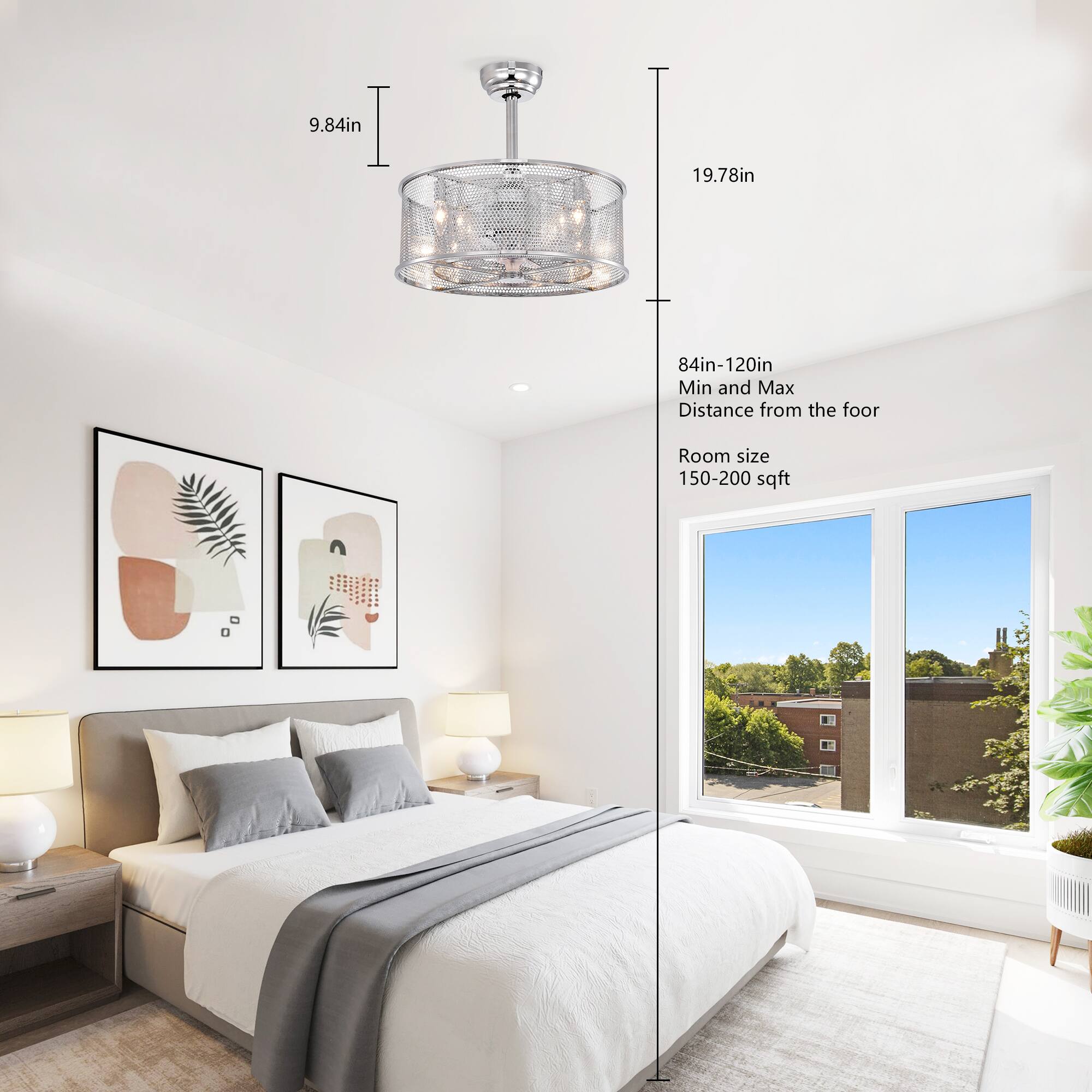 - 9.84in
- 19.78in
- 84in-120in Min and Max Distance from the floor
- Room size 150-200 sqft