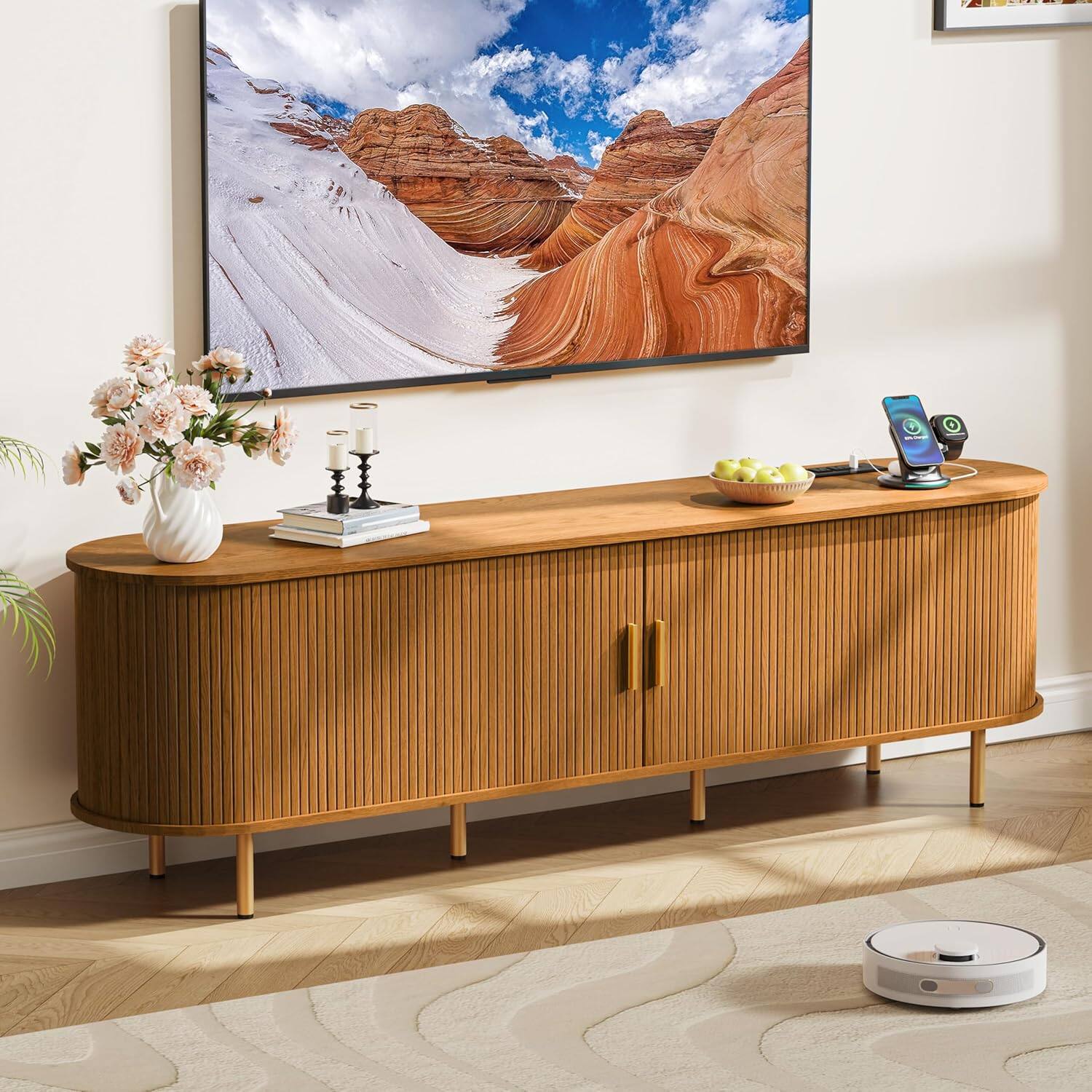 Angle. Tiramisubest - 70.8" Mid Century TV Stand with Power Outlet for TVs up to 80 Inch,Media Console with Adjustable Shelves & Sliding Doors - Yellow Walnut.