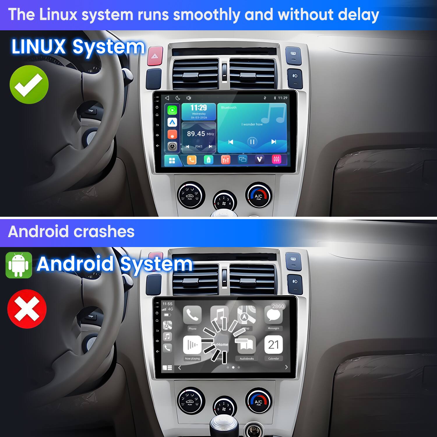 The Linux system runs smoothly and without delay  
LINUX System  
11:29 Wednesday 04-03-2026  
Bluetooth  
- 11:29  
wonder how  
89.45 MHz FM1  
K  
DI  
9 7 -  
:  
C  
1  
A/C  
Android crashes  
Android System 11:55 X TRP C 4G Phone up  
2860 Resaps  
10  
rHome  
21  
NOW playing  
Audiobanks  
Calomdar  
9