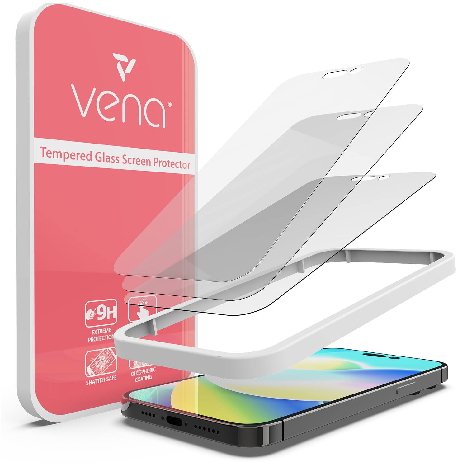 Vena  
Tempered Glass Screen Protector  

9H  
EXTREME PROTECTION  

SHATTER-SAFE  

OLEOPHOBIC COATING