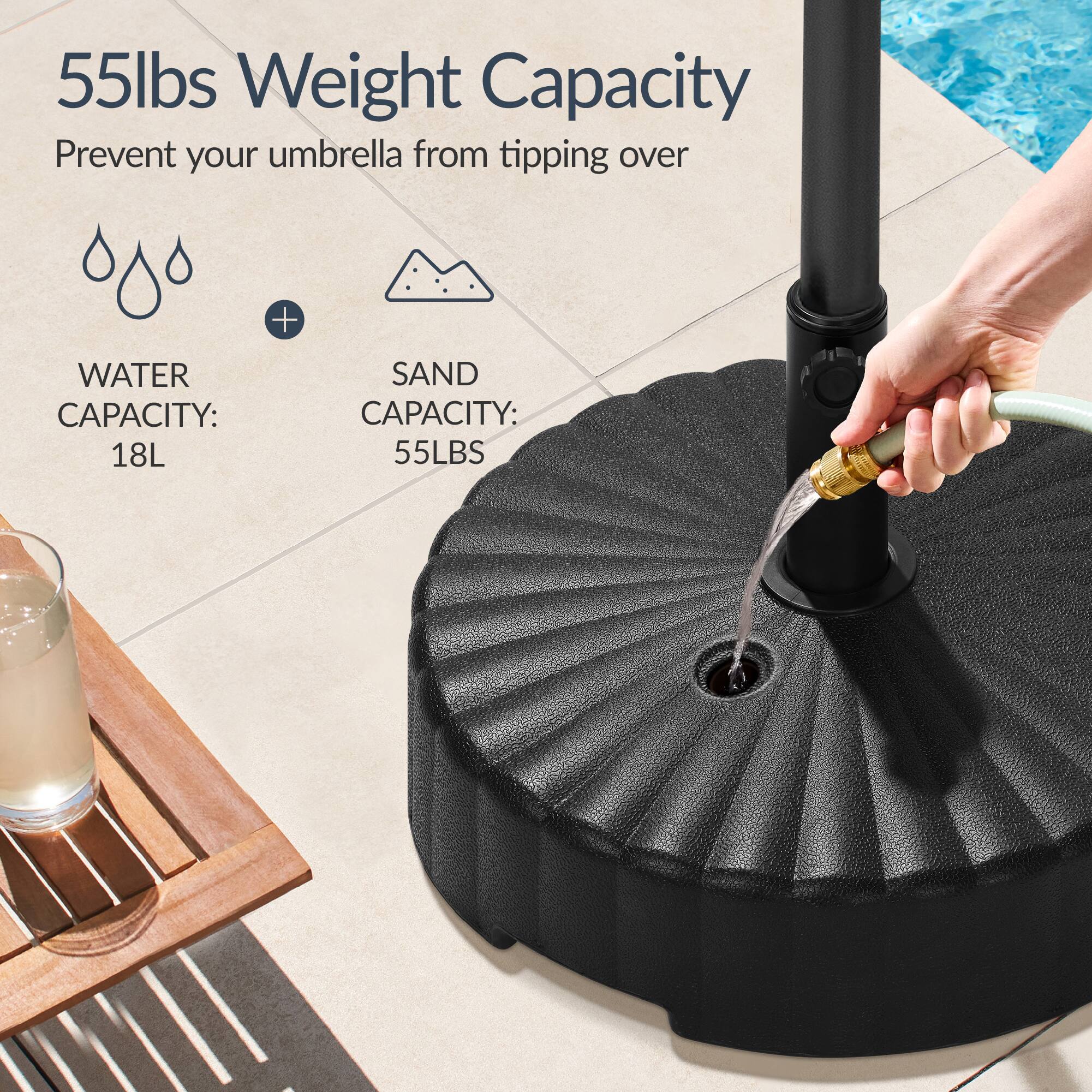 55lbs Weight Capacity  
Prevent your umbrella from tipping over  

WATER CAPACITY: 18L  
SAND CAPACITY: 55LBS