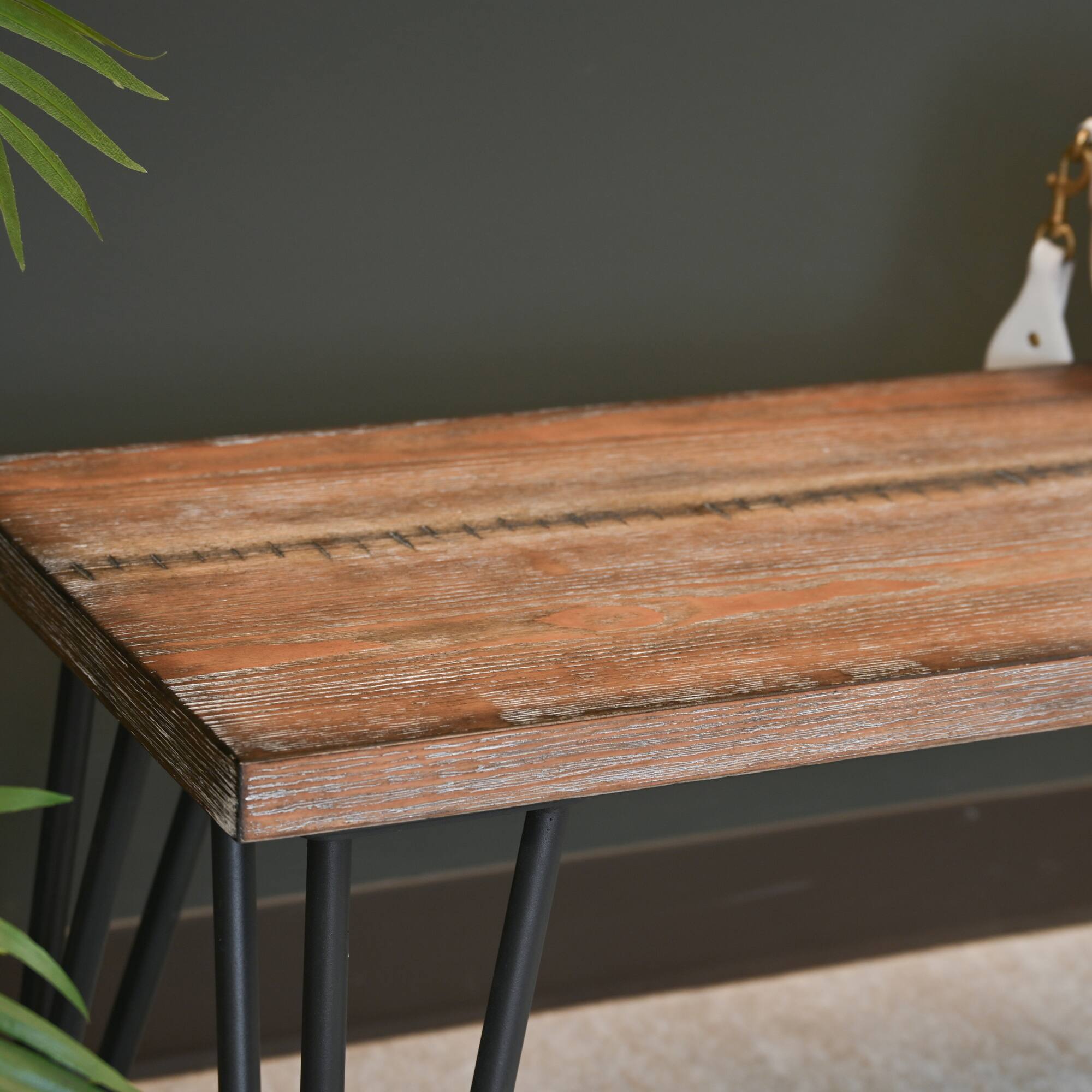 Alt View 2. GOODSILO - Industrial Rustic Dining Bench with Dark Pine Finish and Metallic Hairpin Legs for Modern Home Decor - Brown.