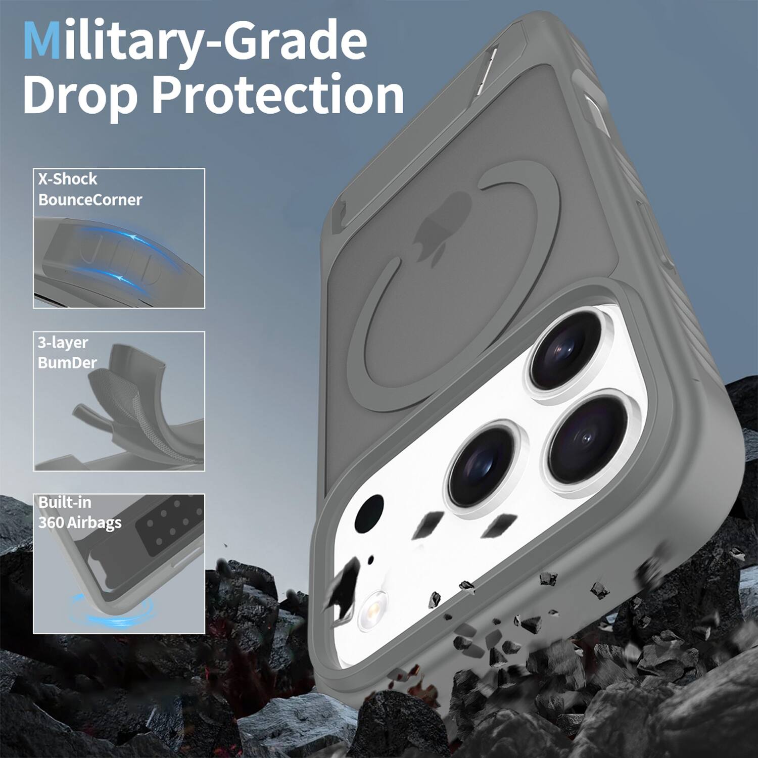 Military-Grade Drop Protection  
X-Shock BounceCorner  
3-layer BumDer  
Built-in 360 Airbags