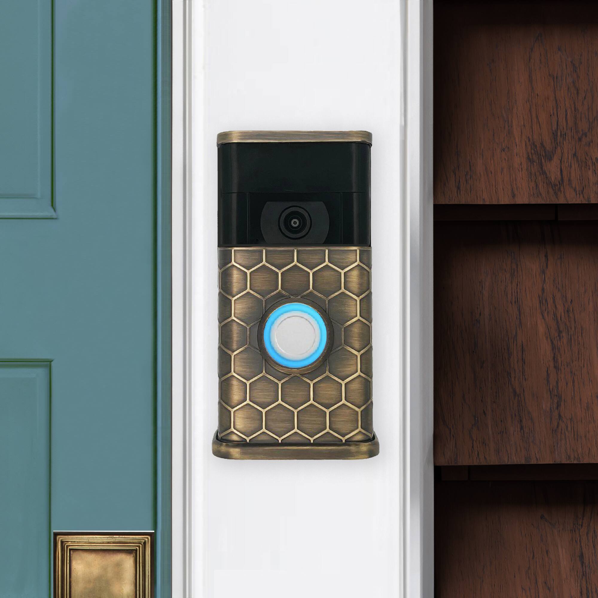 Alt View 3. Michael Healy - Honeycomb Video Doorbell Cover (Ring 2nd Gen) - Antique Brass.