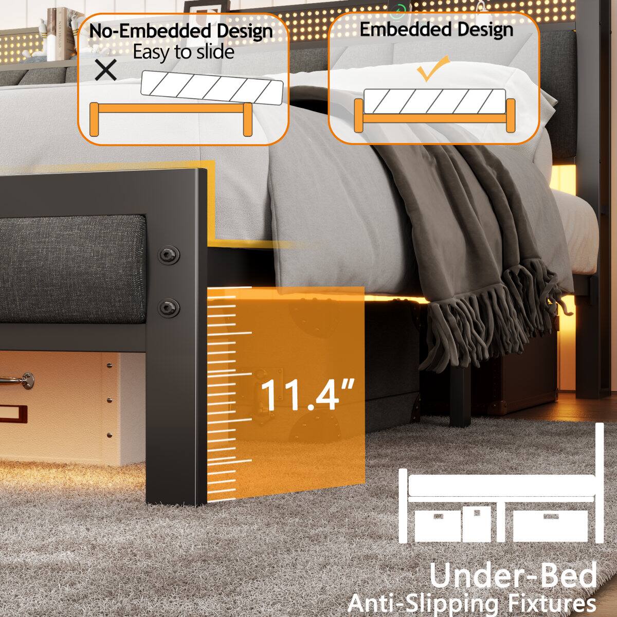 No-Embedded Design: Easy to slide  
X  
Embedded Design: ✓  
11.4" Under-Bed Anti-Slipping Fixtures